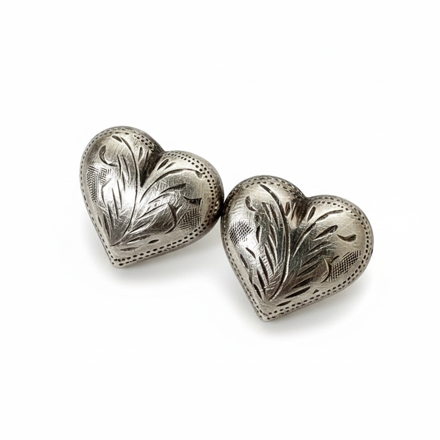 Vintage Sterling Hand-Engraved Heart Studs