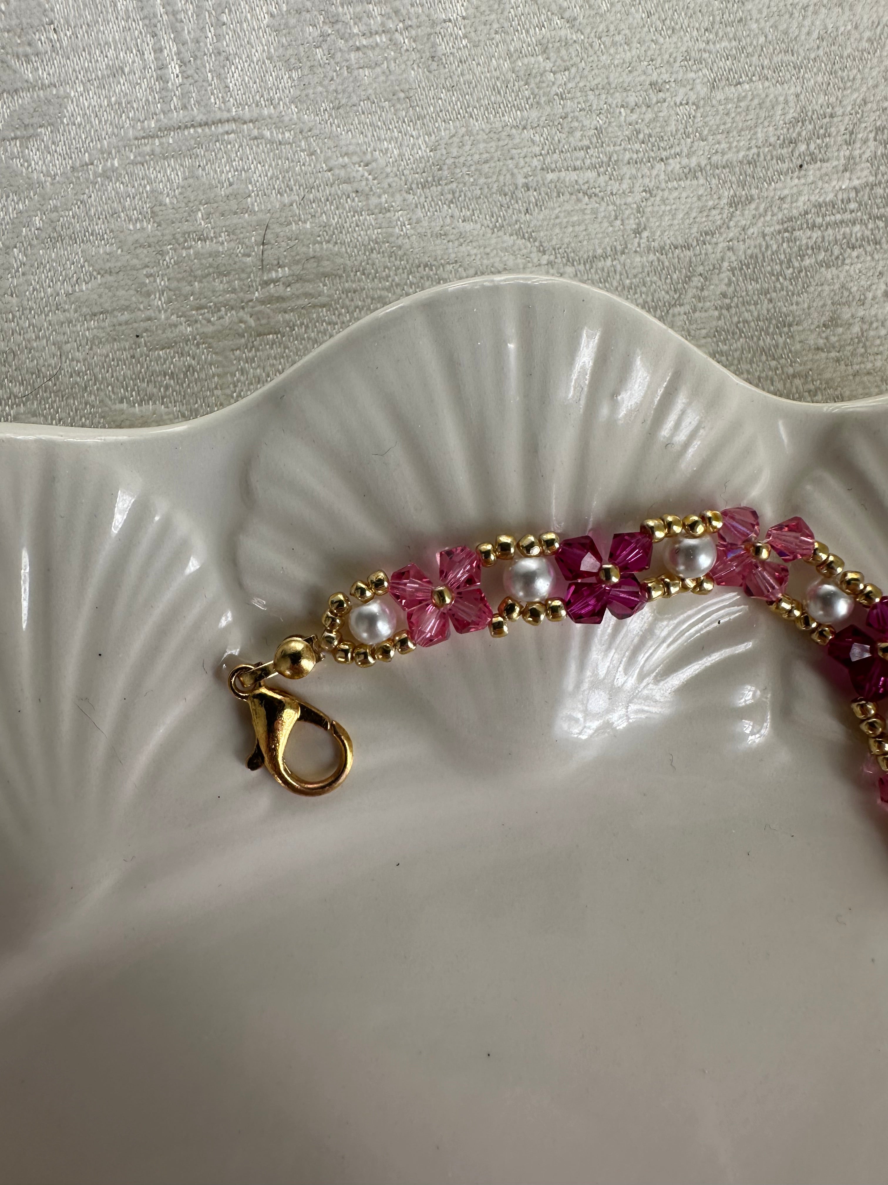 Handcrafted Magenta Crystal and Pearl Beaded Tennis Bracelet