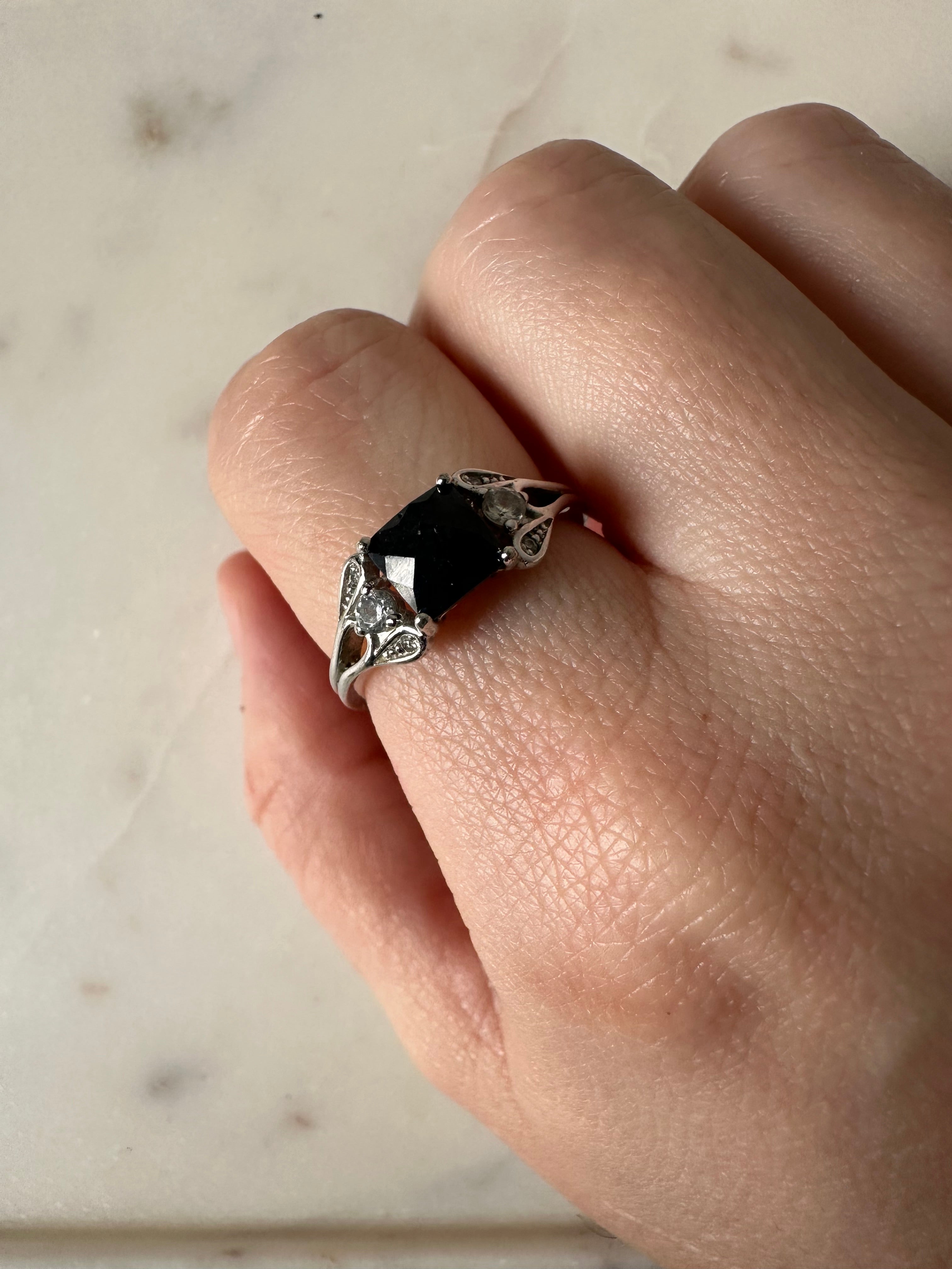 Vintage Sterling Emerald Cut Black Onyx Ring