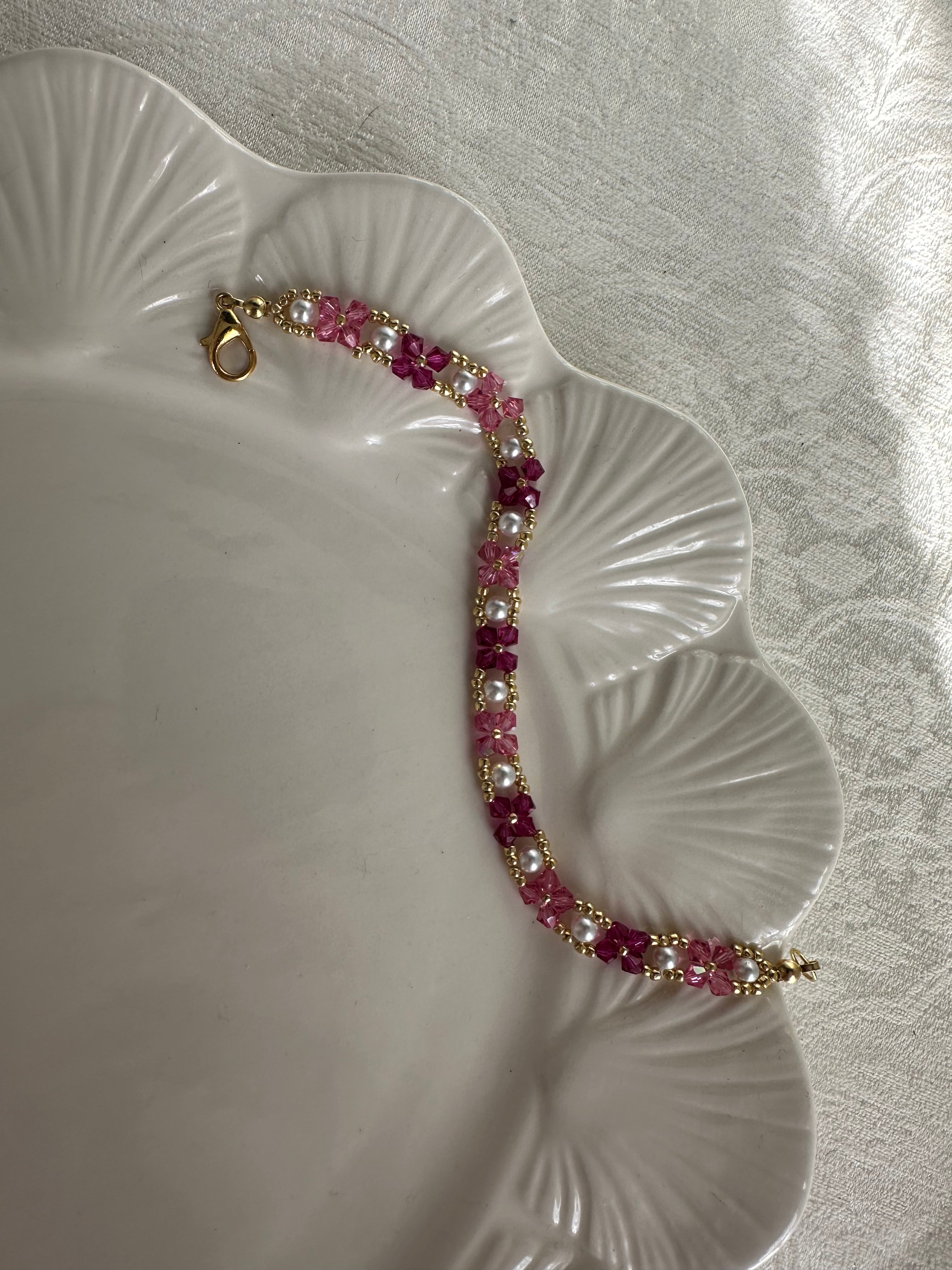 Handcrafted Magenta Crystal and Pearl Beaded Tennis Bracelet
