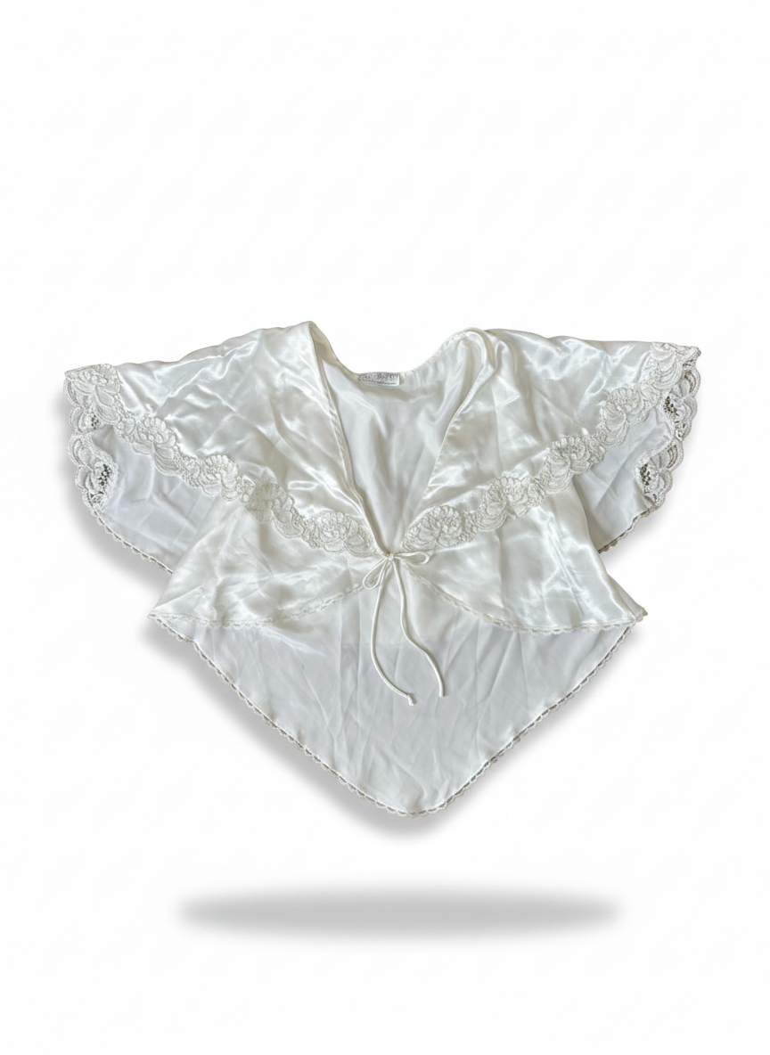 Vintage White Satin Bridal Bed Jacket with Scalloped Lace Trim