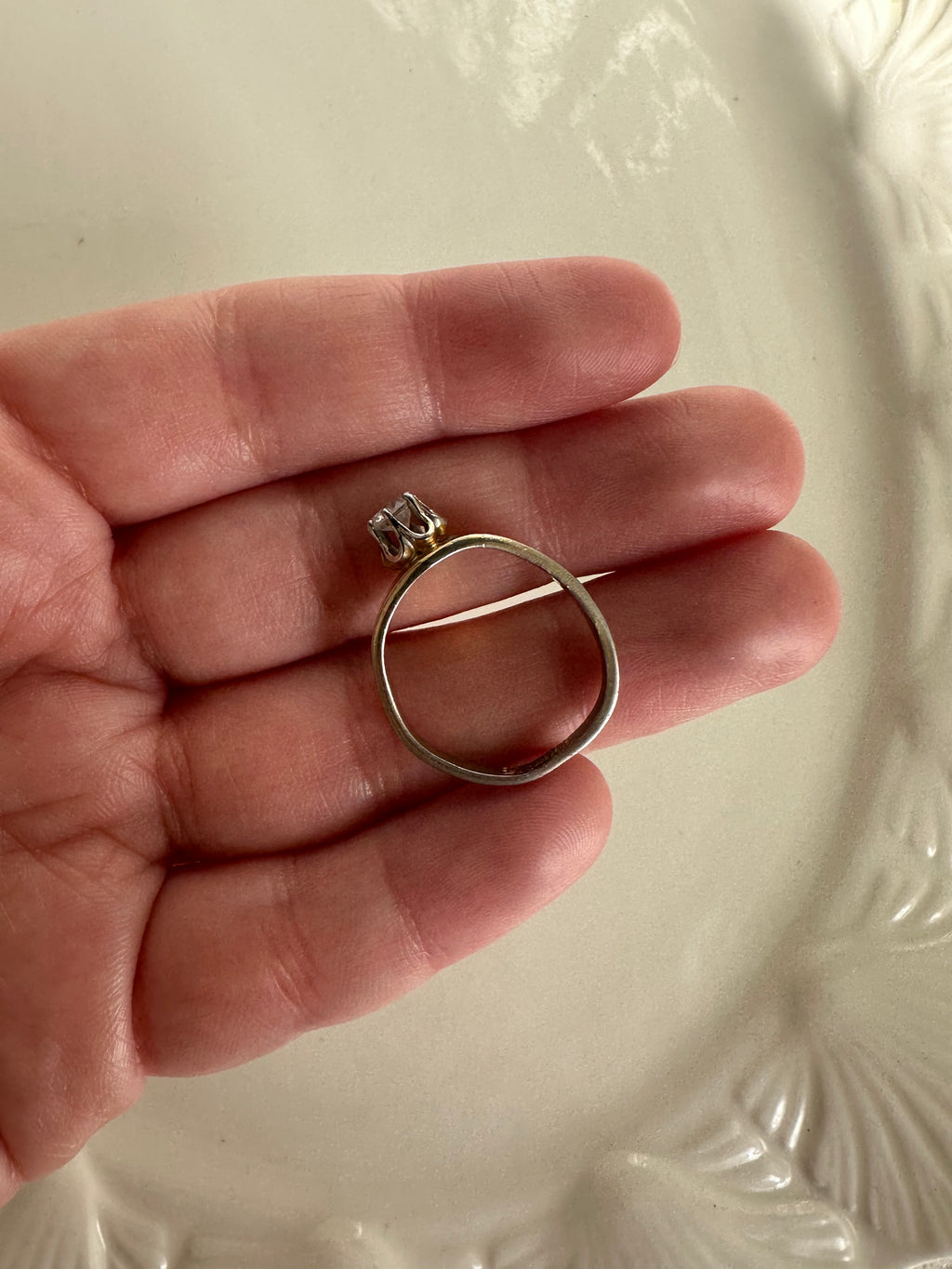 Antique Gold-Tone Solitaire Ring with Crown-Set Clear Crystal