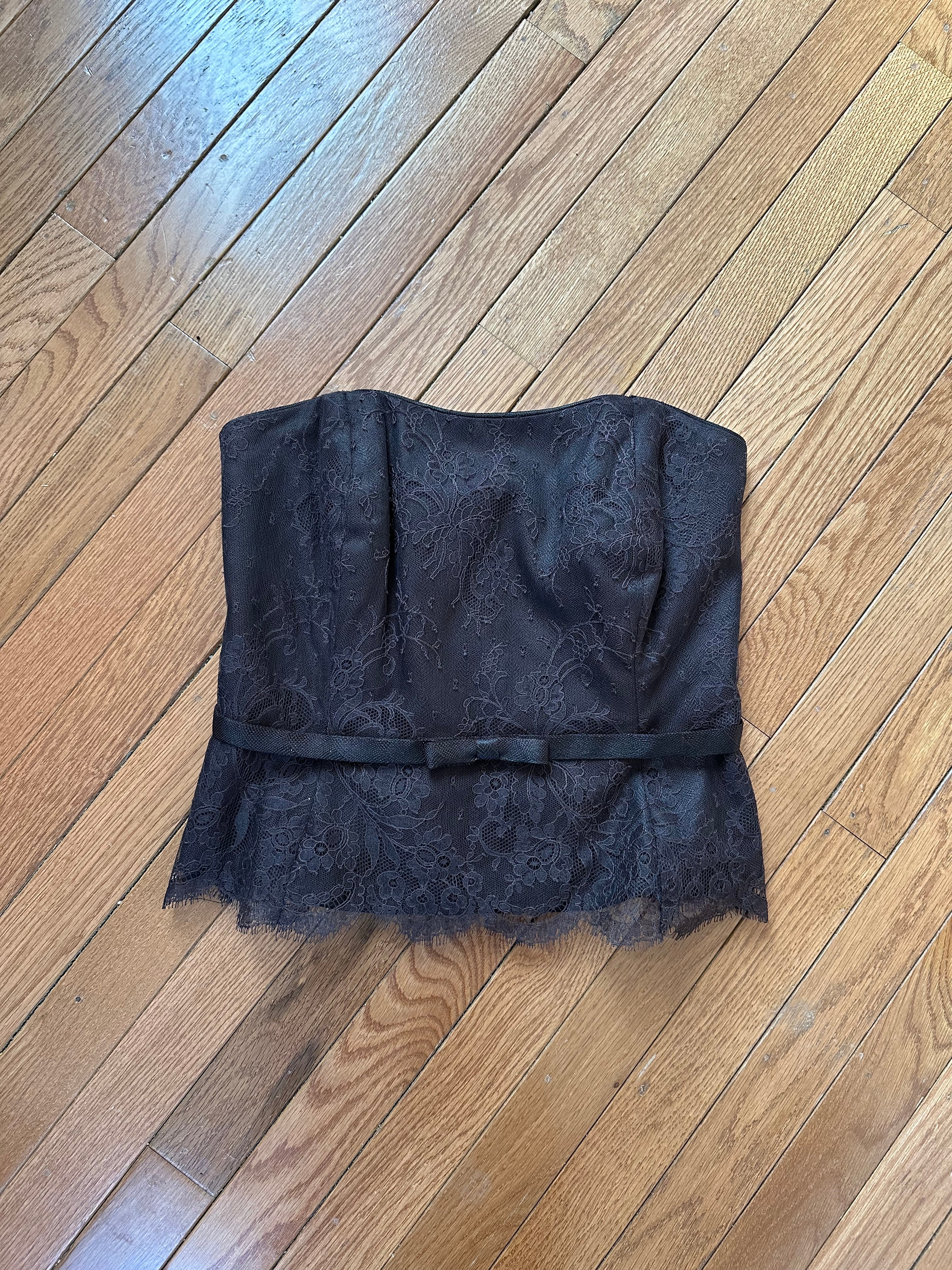 Intricate Brown Lace Strapless Bustier Top with Bow