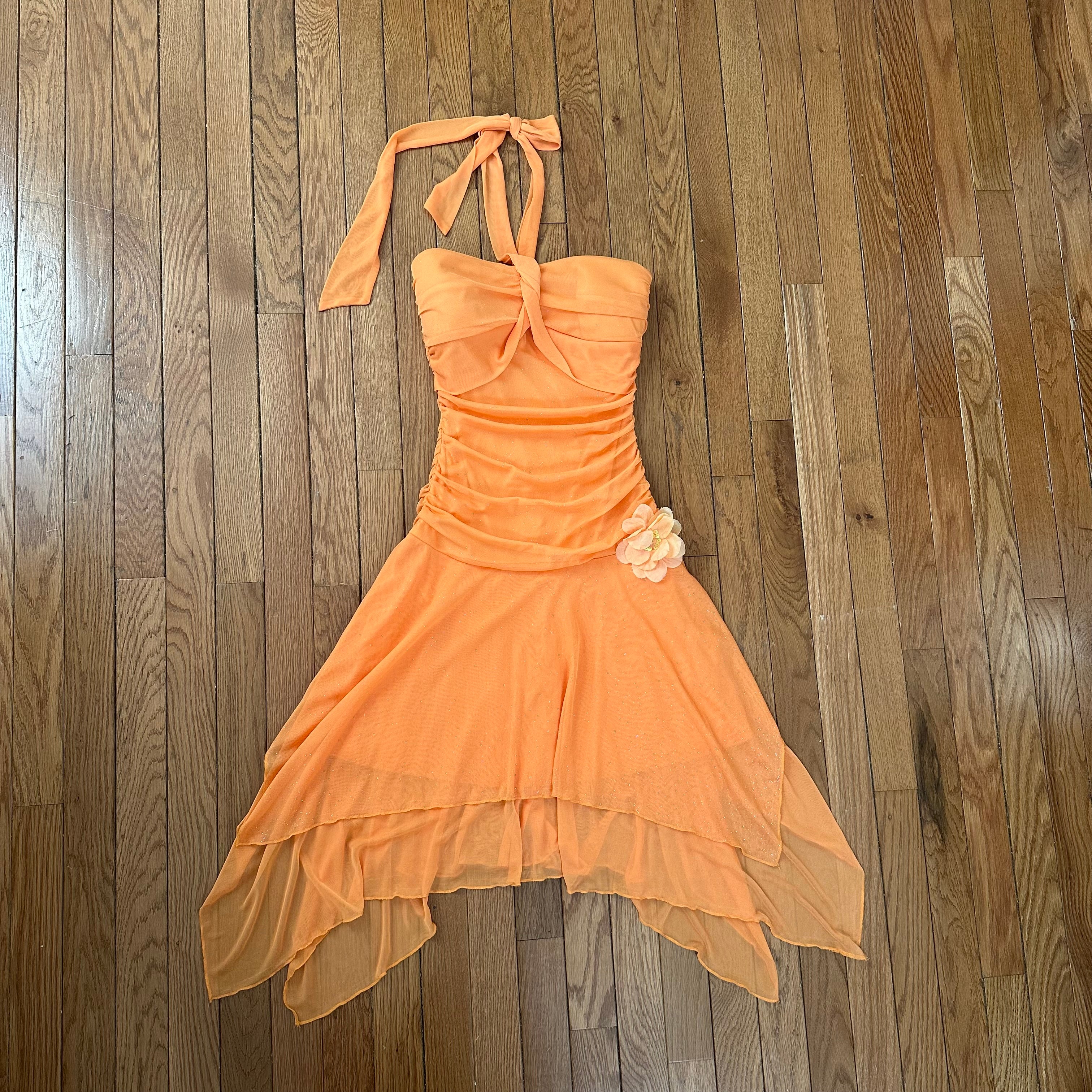 Vintage 2000s Shimmering Peach Halter Cocktail Dress