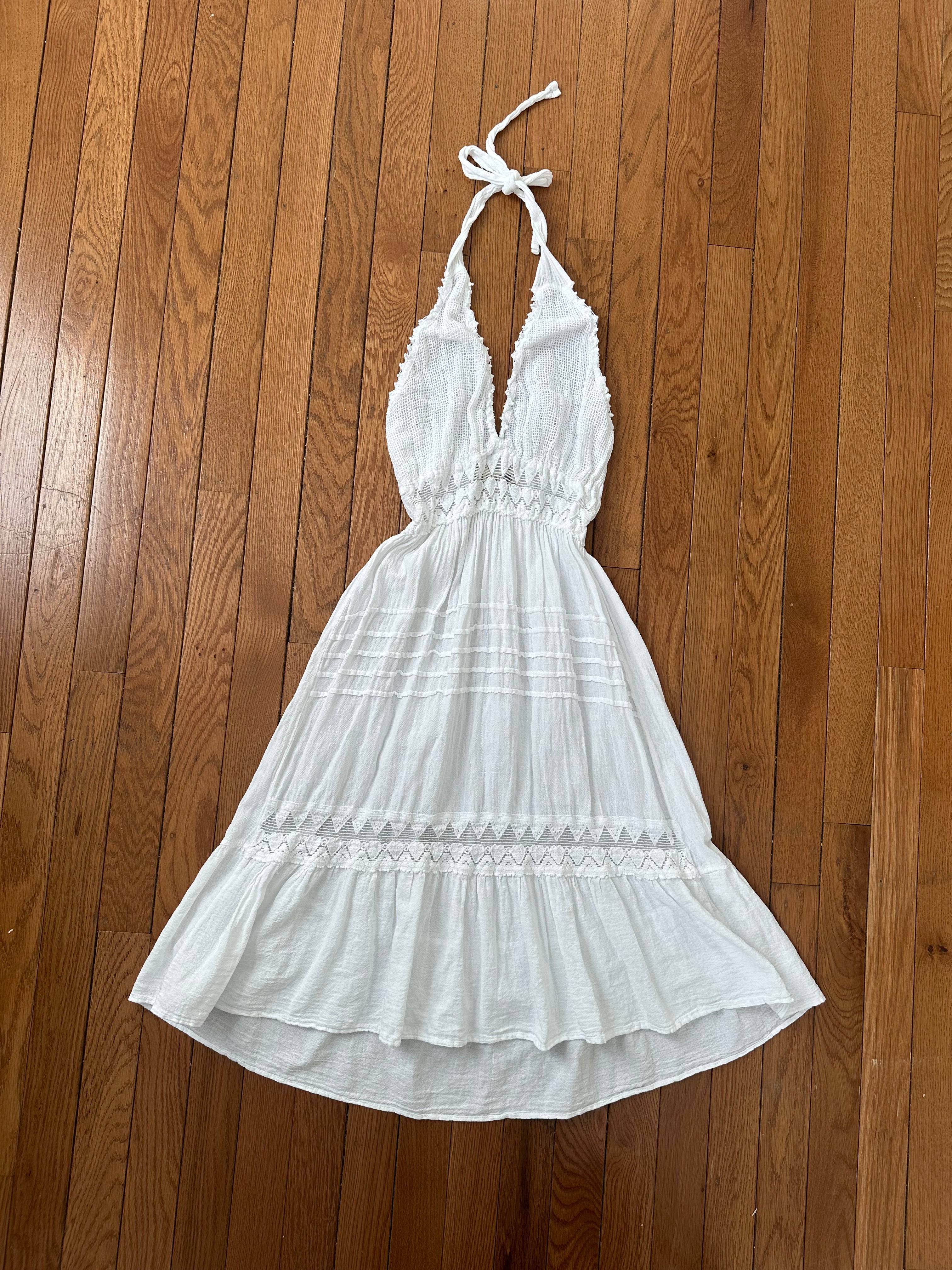 Ethereal White Crochet Halter Neck Tiered Bohemian Midi Dress