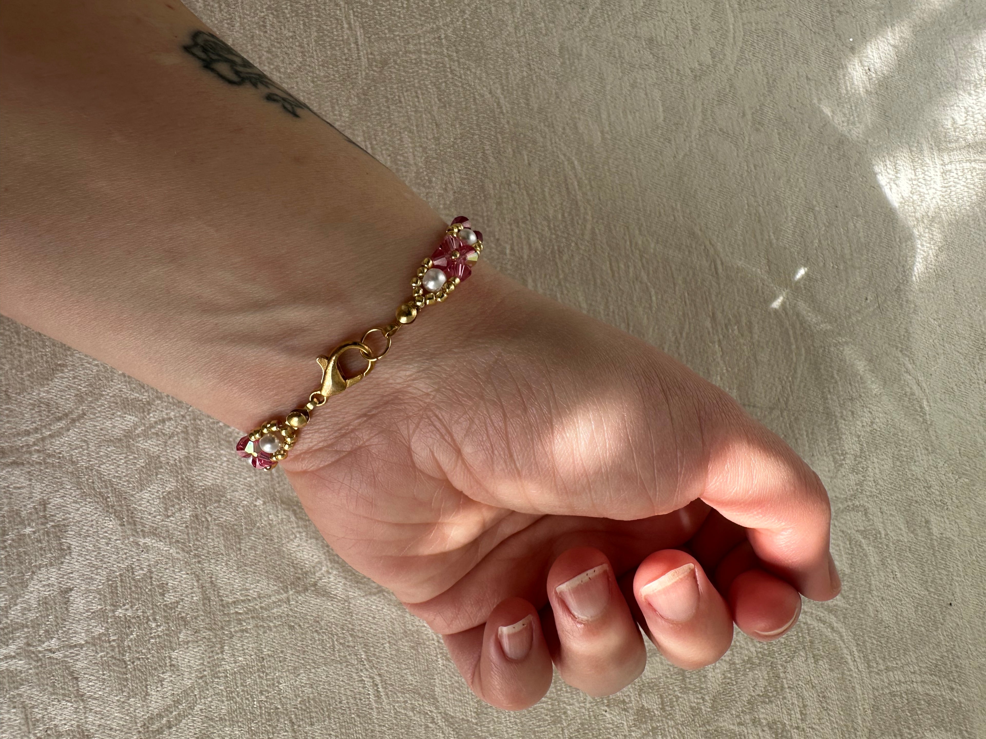 Handcrafted Magenta Crystal and Pearl Beaded Tennis Bracelet