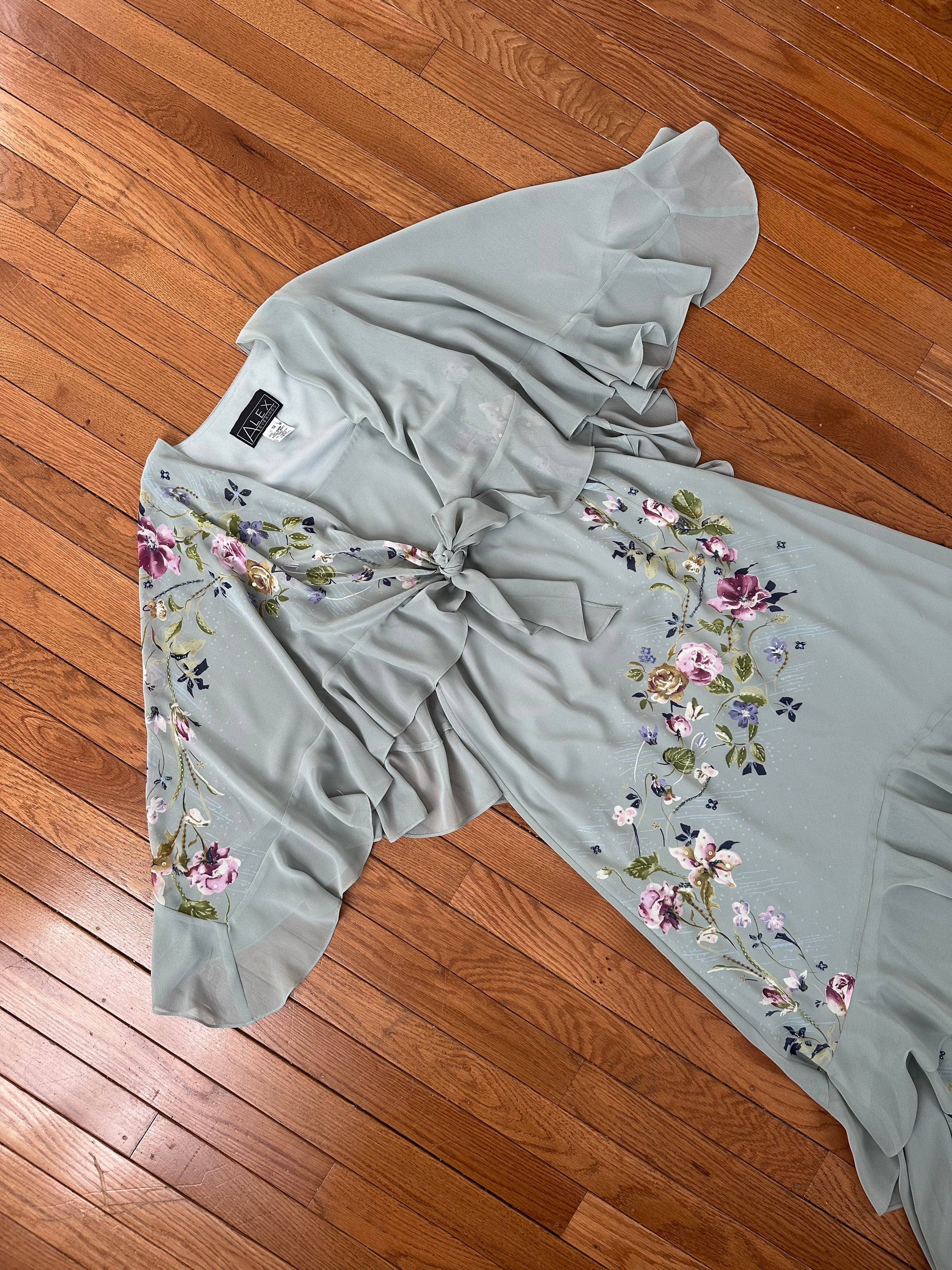 Sage Green Floral Embroidered Ruffle Tiered Midi Dress with Matching Wrap