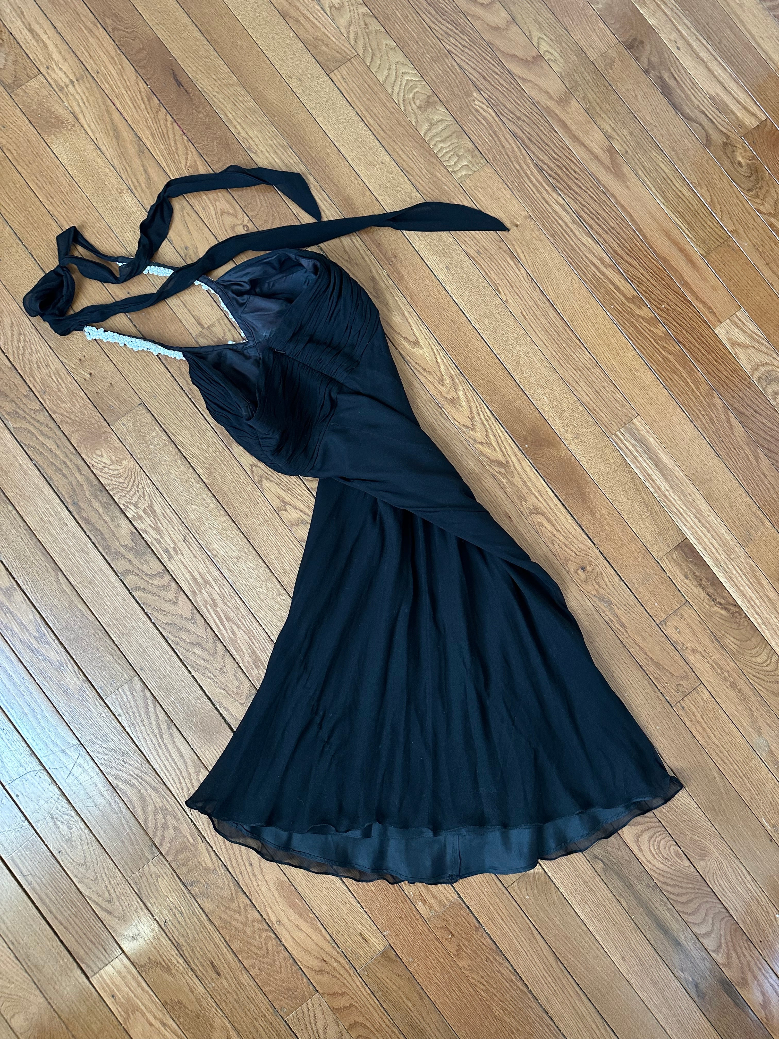 Vintage Black Silk-Feel Halter Dress with Faux Pearl Trim