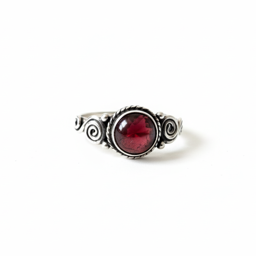 Vintage Sterling Ornate Bali Garnet Filigree Ring