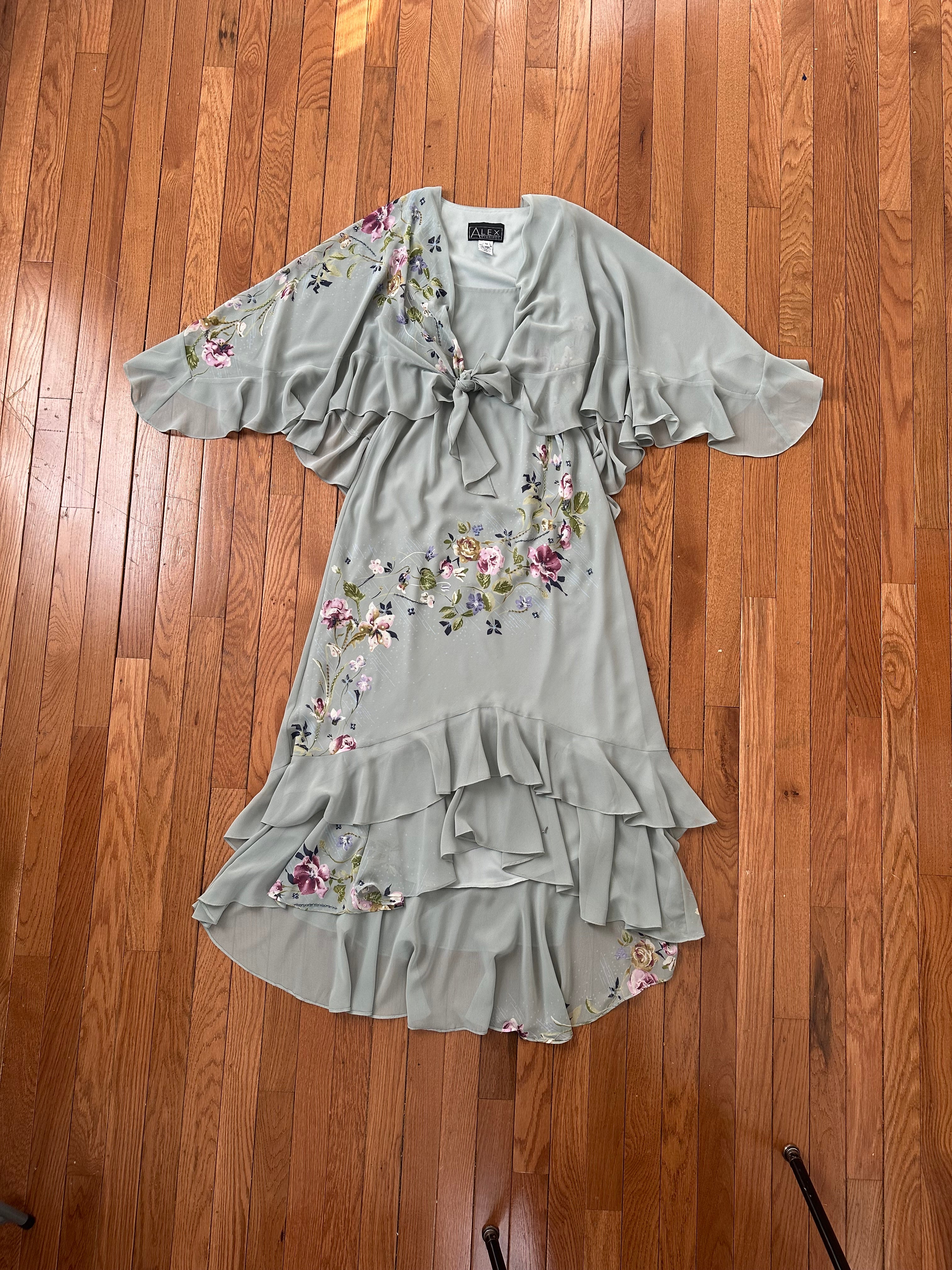 Sage Green Floral Embroidered Ruffle Tiered Midi Dress with Matching Wrap