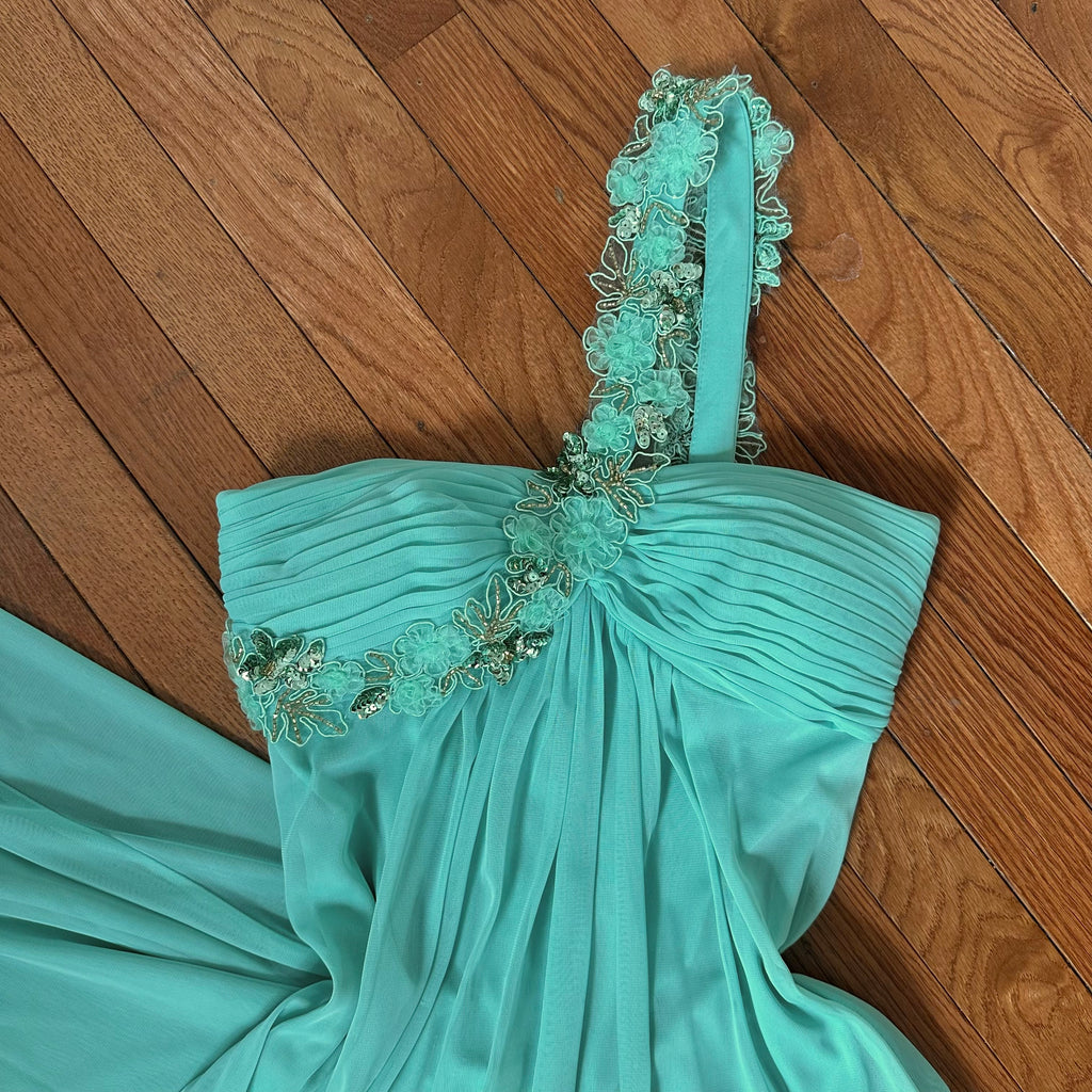 Vintage XSCAPE by Joanna Chen Seafoam Floral One-Shoulder Gown