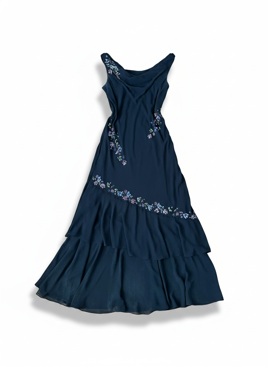 Vintage Black Tiered Maxi Dress with Colorful Floral Beading