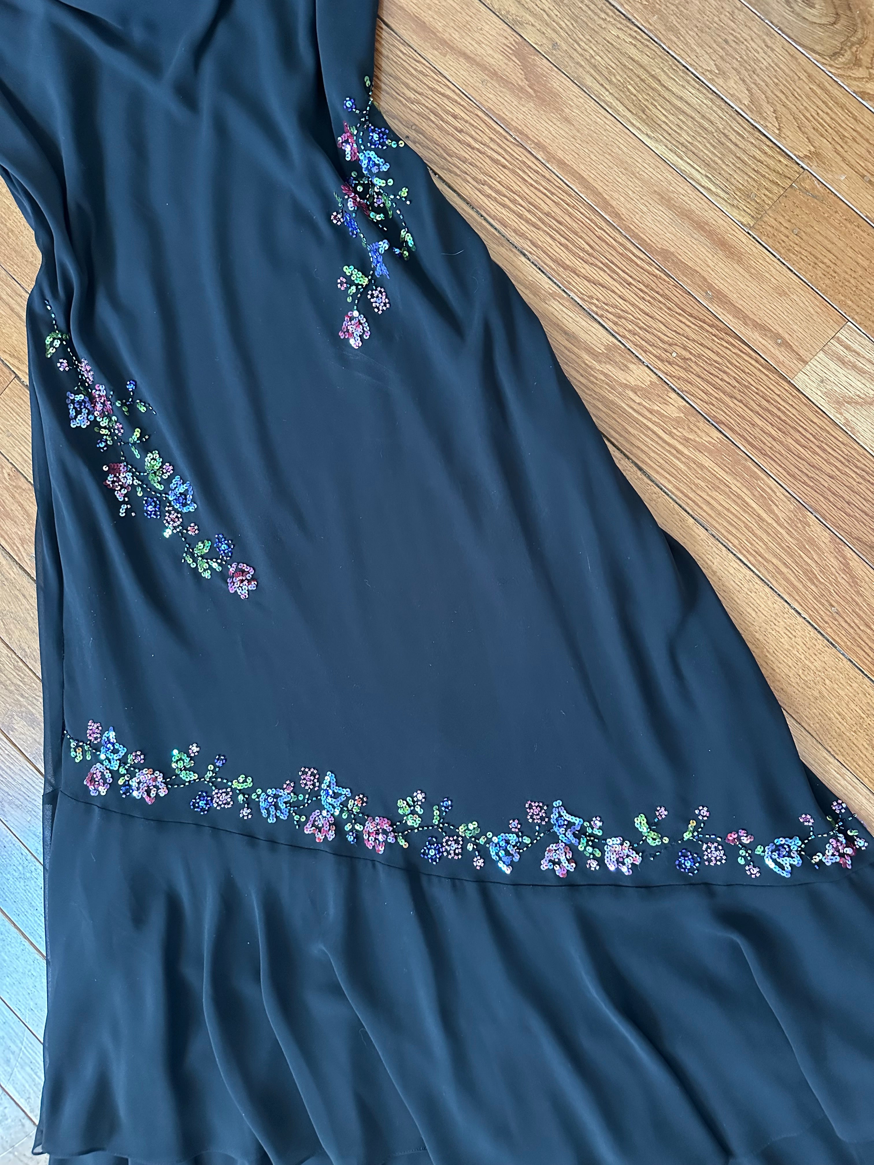 Vintage Black Tiered Maxi Dress with Colorful Floral Beading