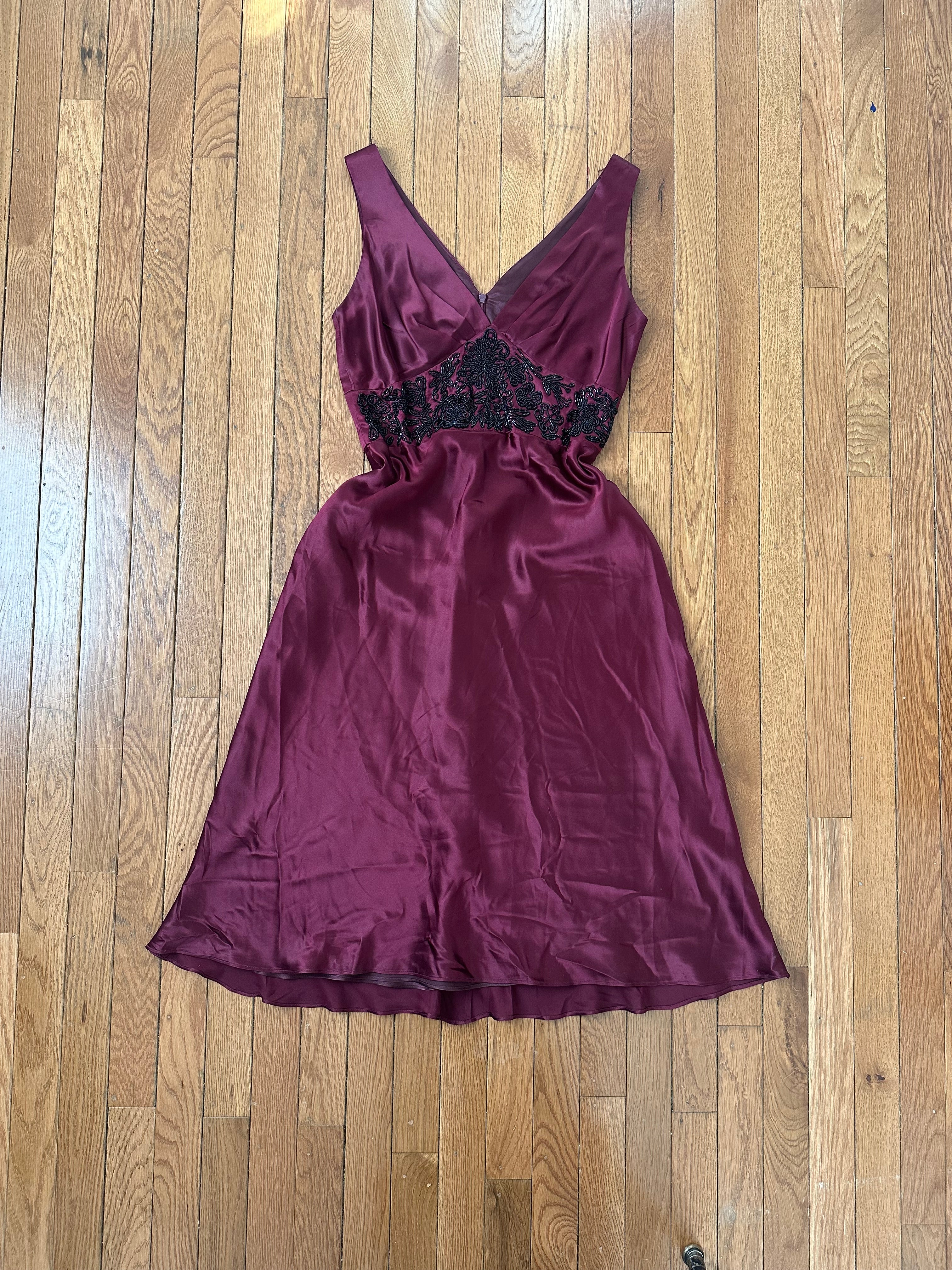 Deep Wine Satin V-Neck Cocktail Dress with Black Lace Waist Detail