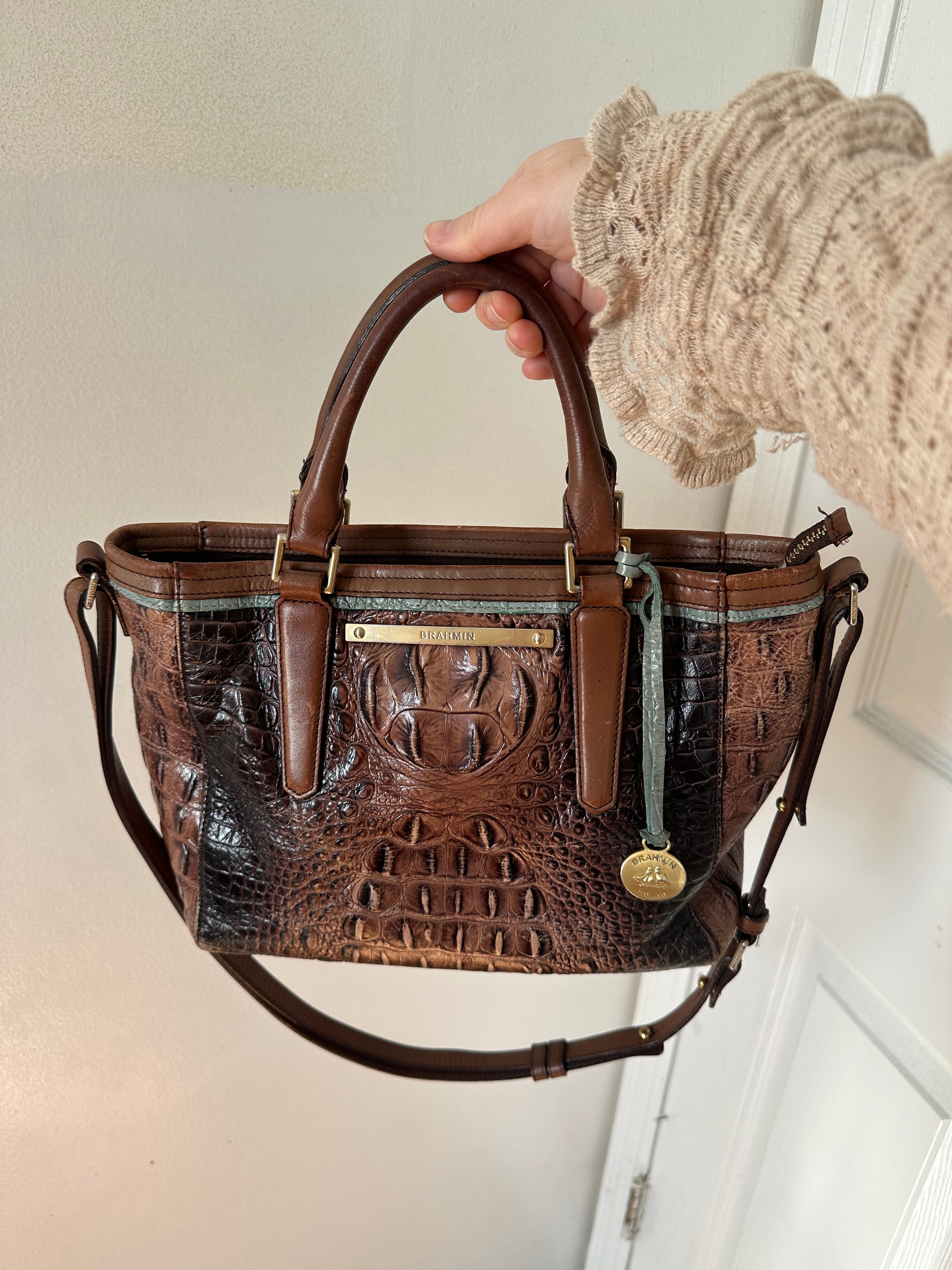 Brahmin Pecan Melbourne Crocodile-Embossed Leather Satchel with Crossbody Strap