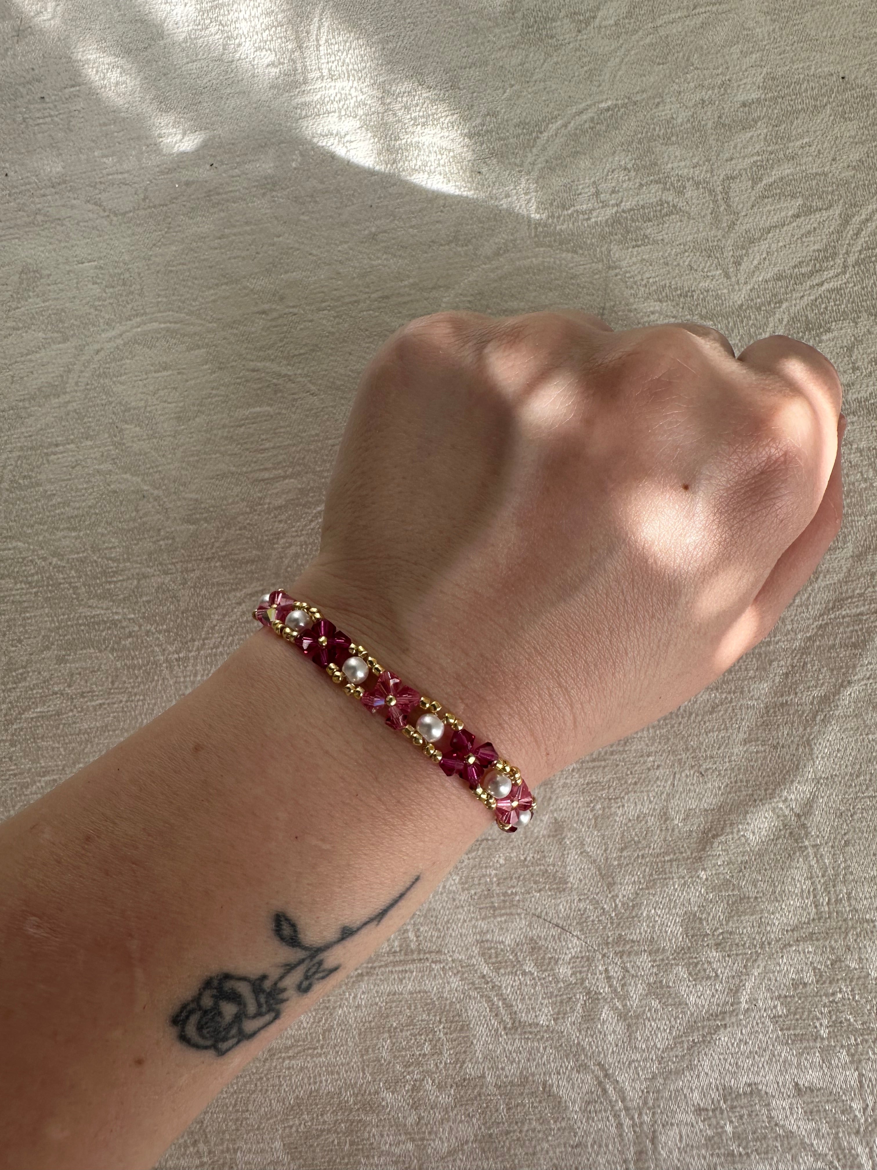 Handcrafted Magenta Crystal and Pearl Beaded Tennis Bracelet