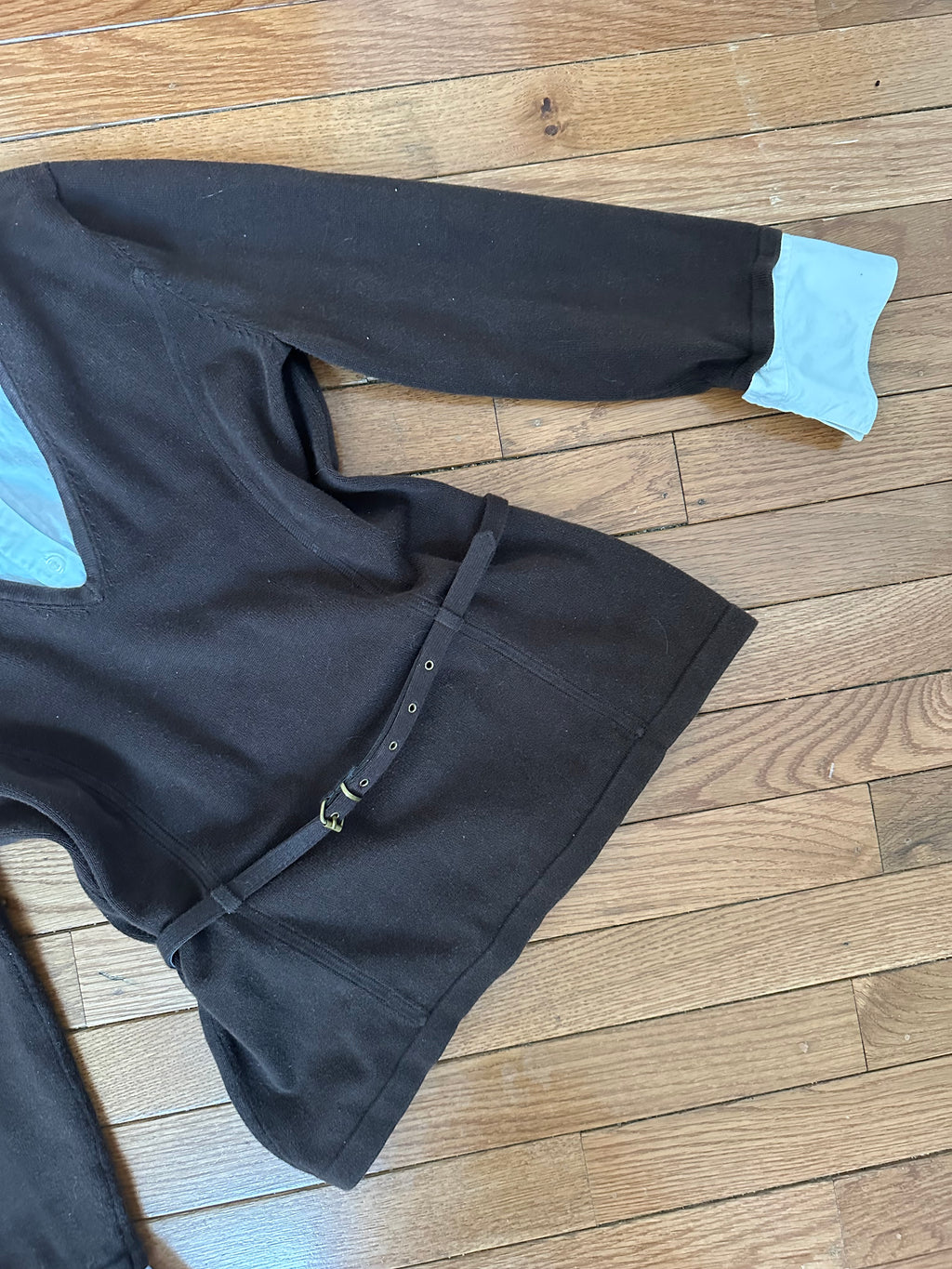 Dark Brown V-Neck Sweater with Attached White Collar & Cuffs