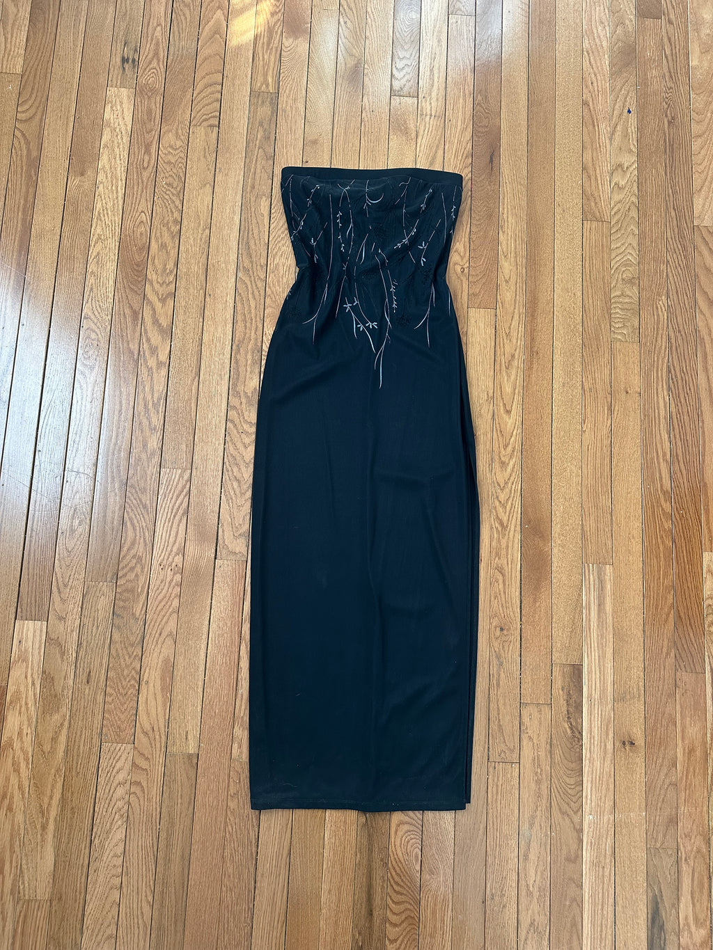 Midnight Black Strapless Column Gown with Delicate Vine Embroidery