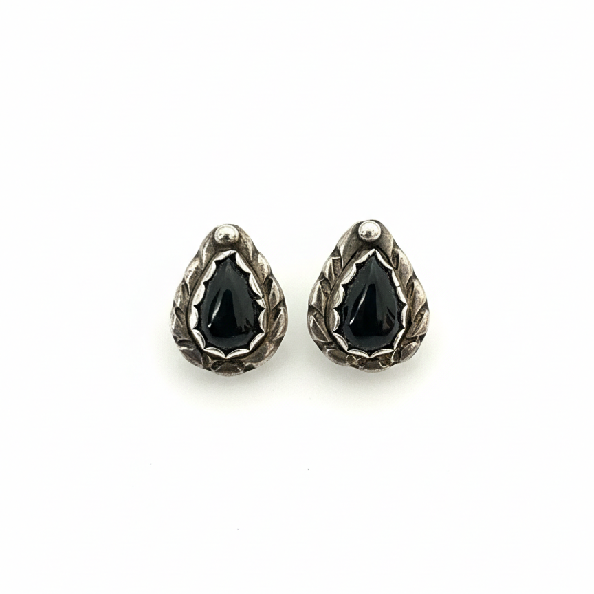 Vintage Sterling Black Onyx Teardrop Studs
