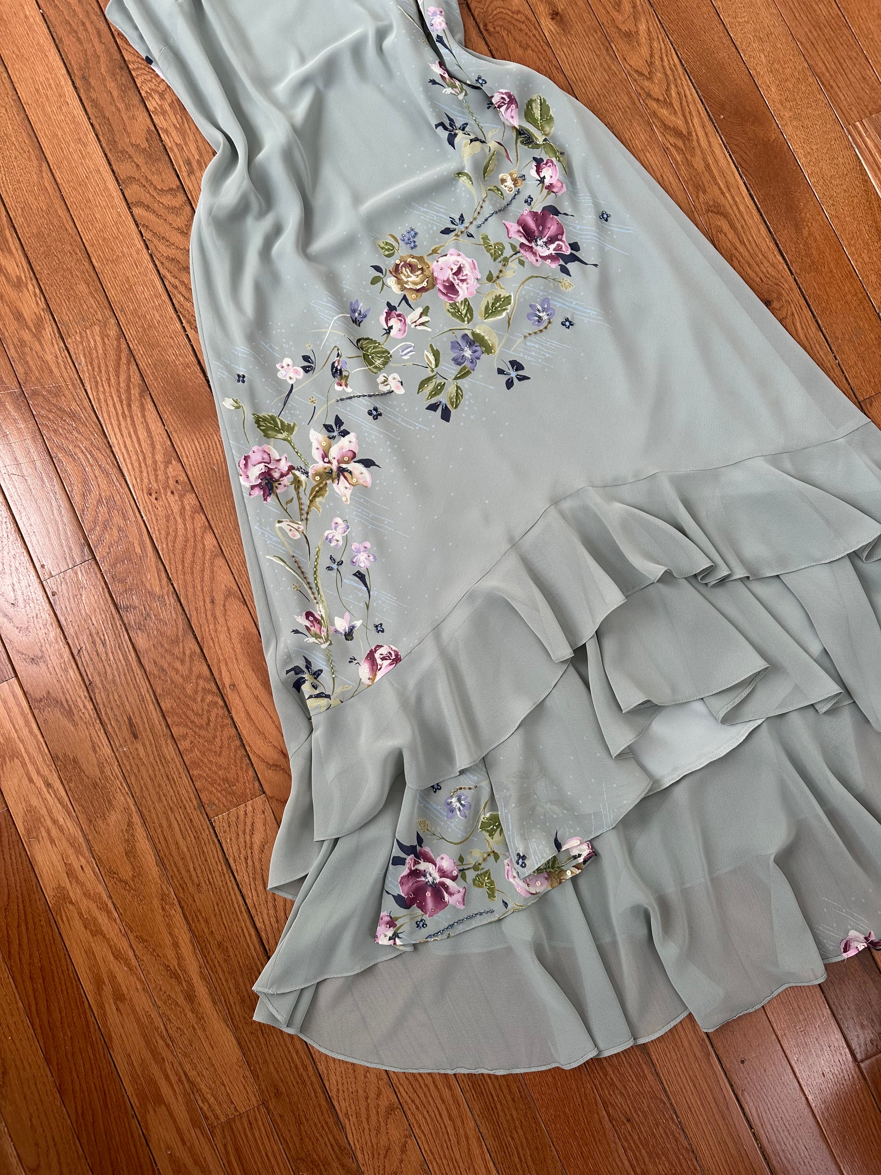 Sage Green Floral Embroidered Ruffle Tiered Midi Dress with Matching Wrap
