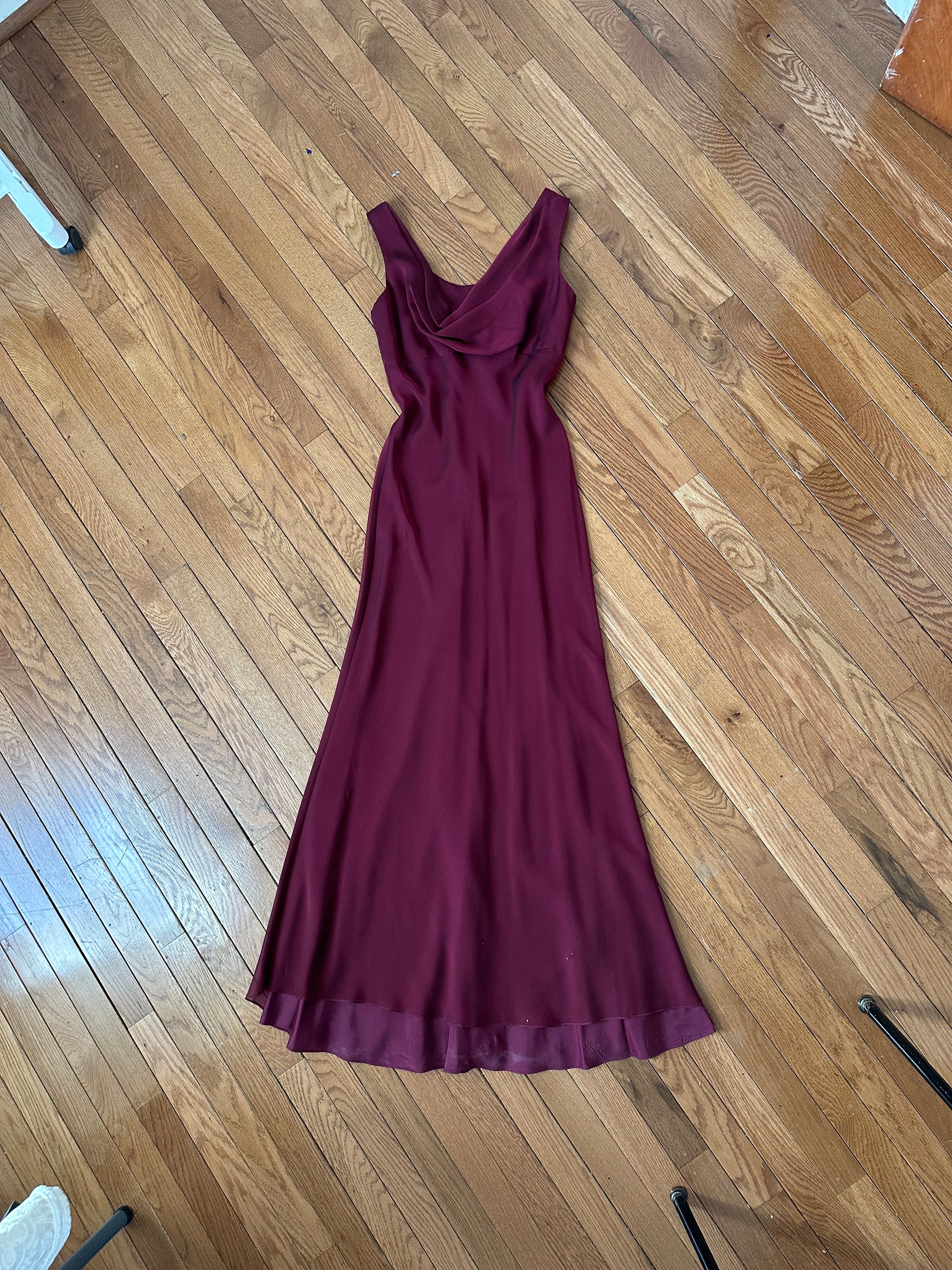Elegant Burgundy Chiffon Cowl Neck Formal Maxi Dress
