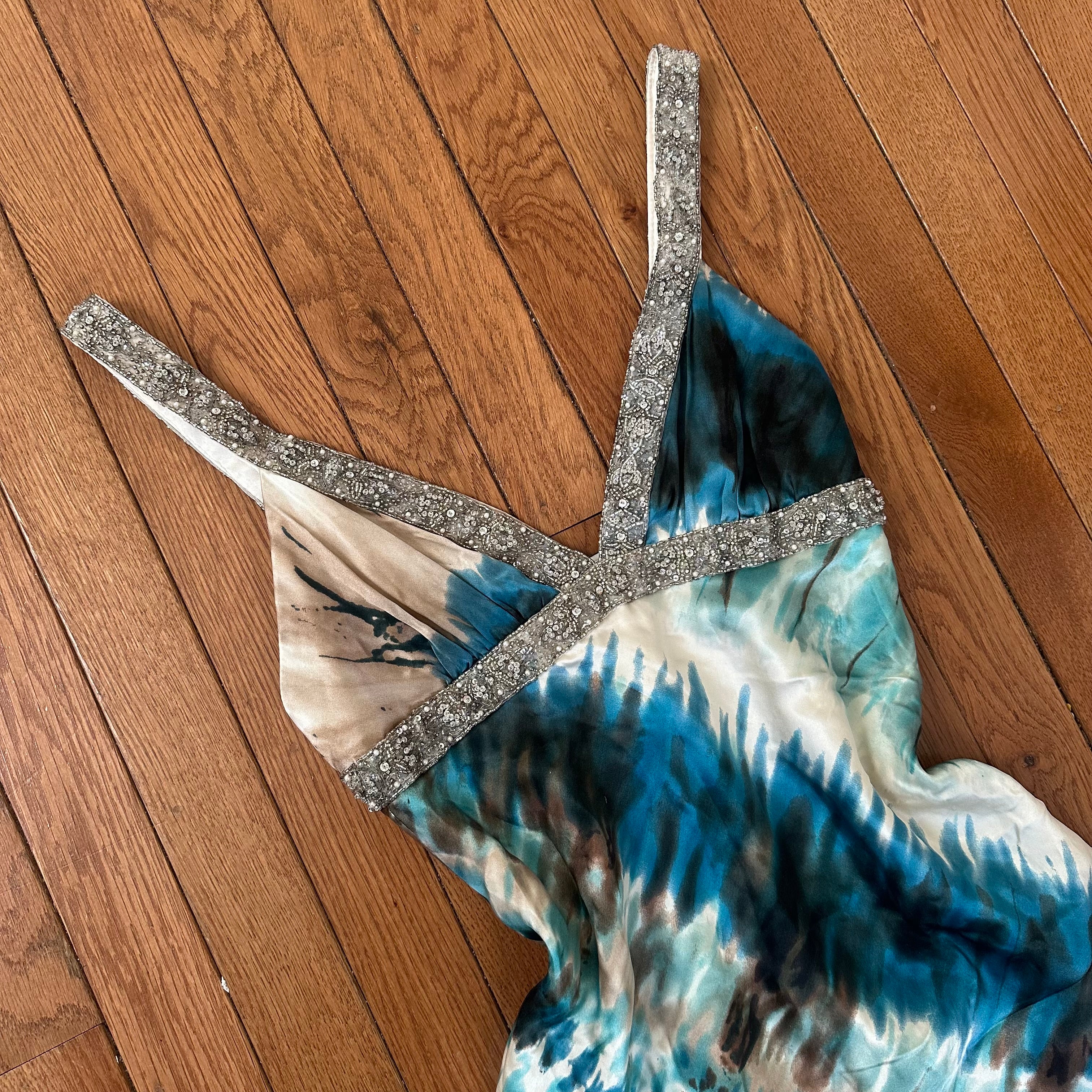 Vintage 2000s Beaded Aqua Tie-Dye Handkerchief Dress