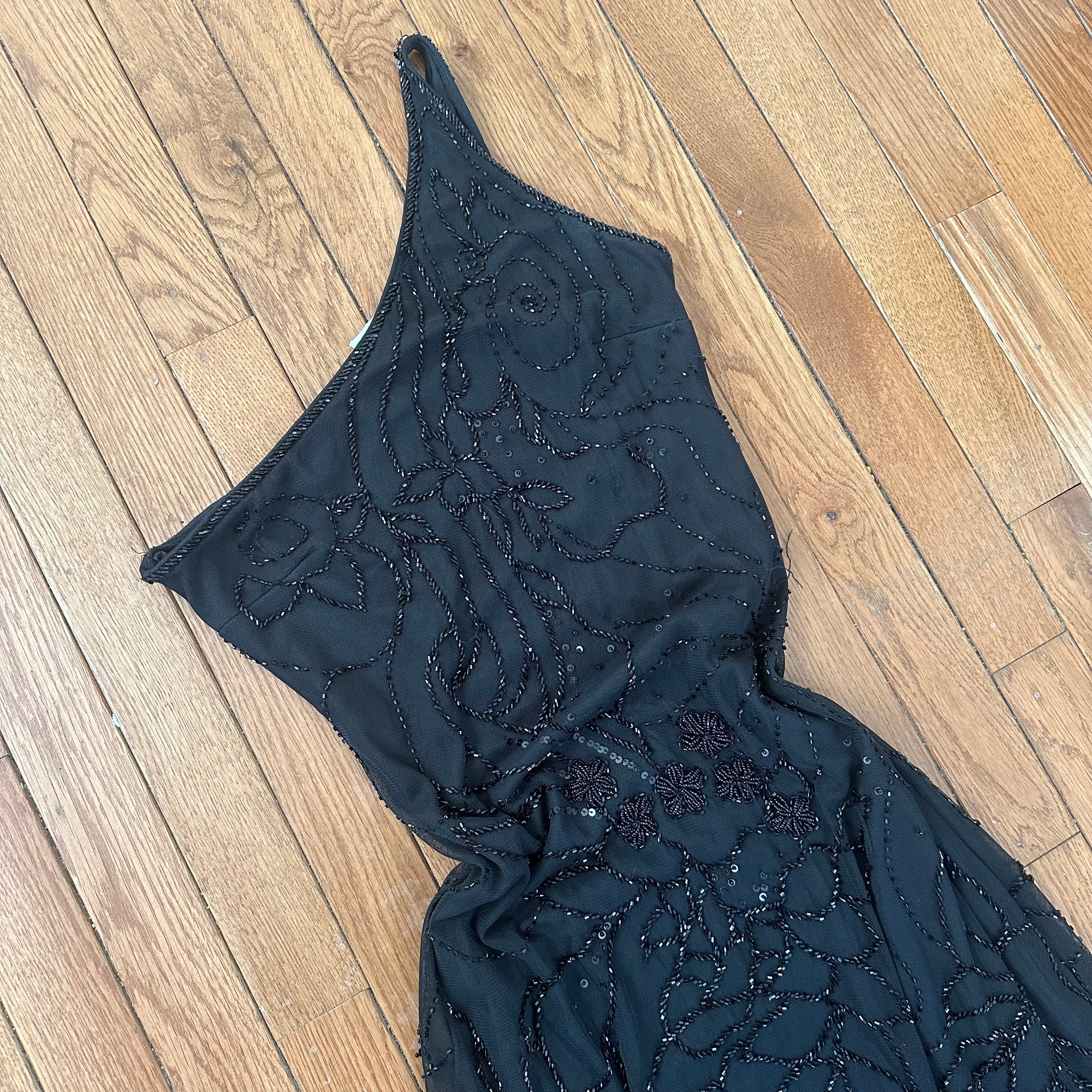 Vintage 2000s Black Beaded One-Shoulder Asymmetrical Gown