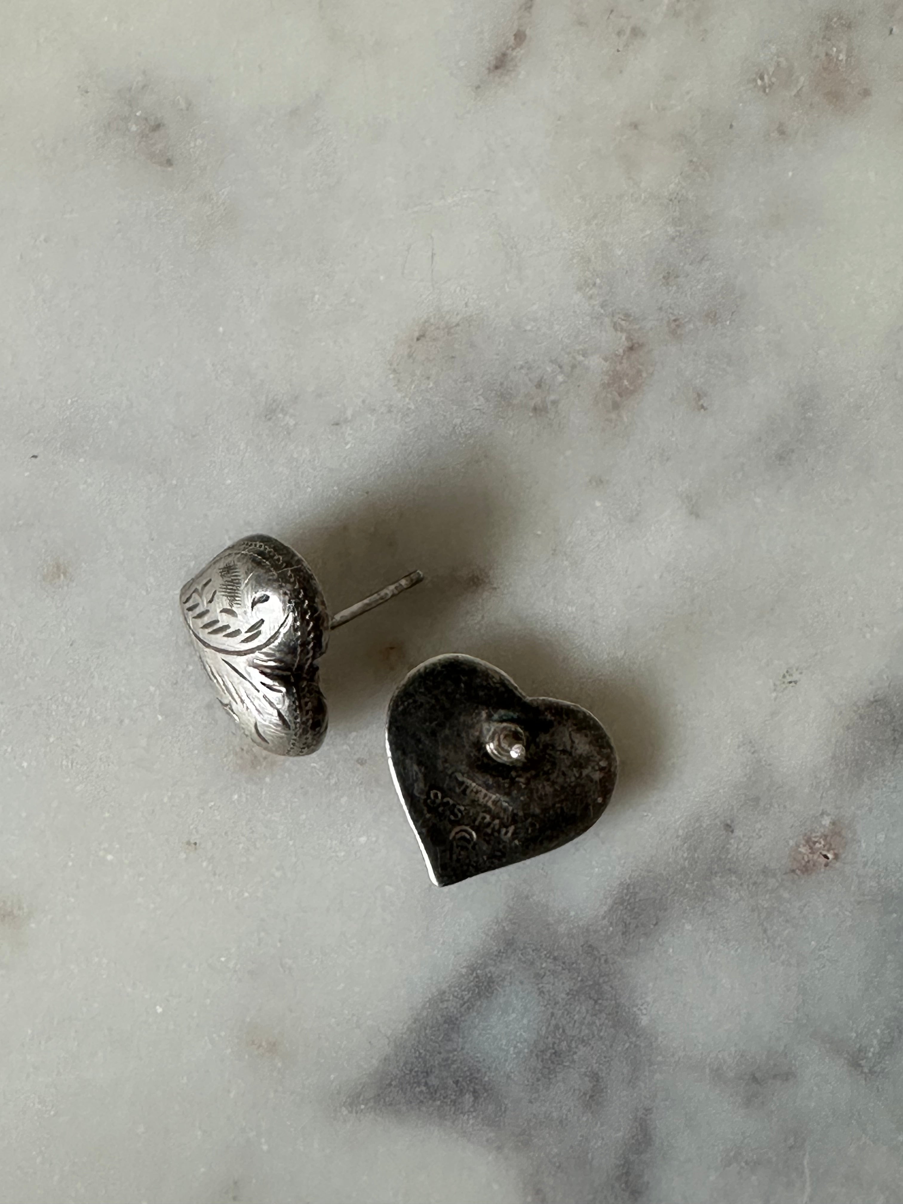 Vintage Sterling Hand-Engraved Heart Studs