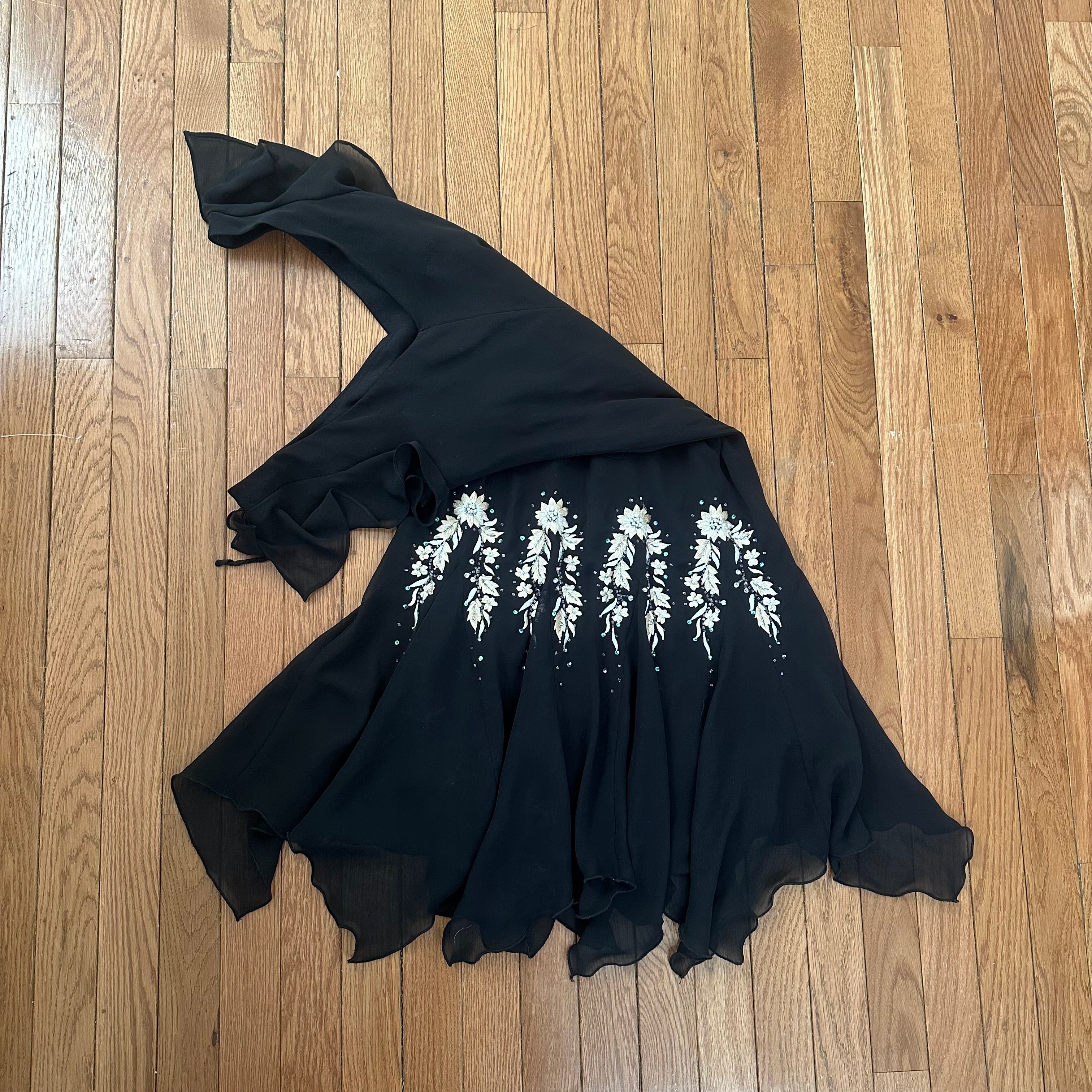 Vintage 2000s Black Flutter Sleeve Embroidered Mermaid Dress