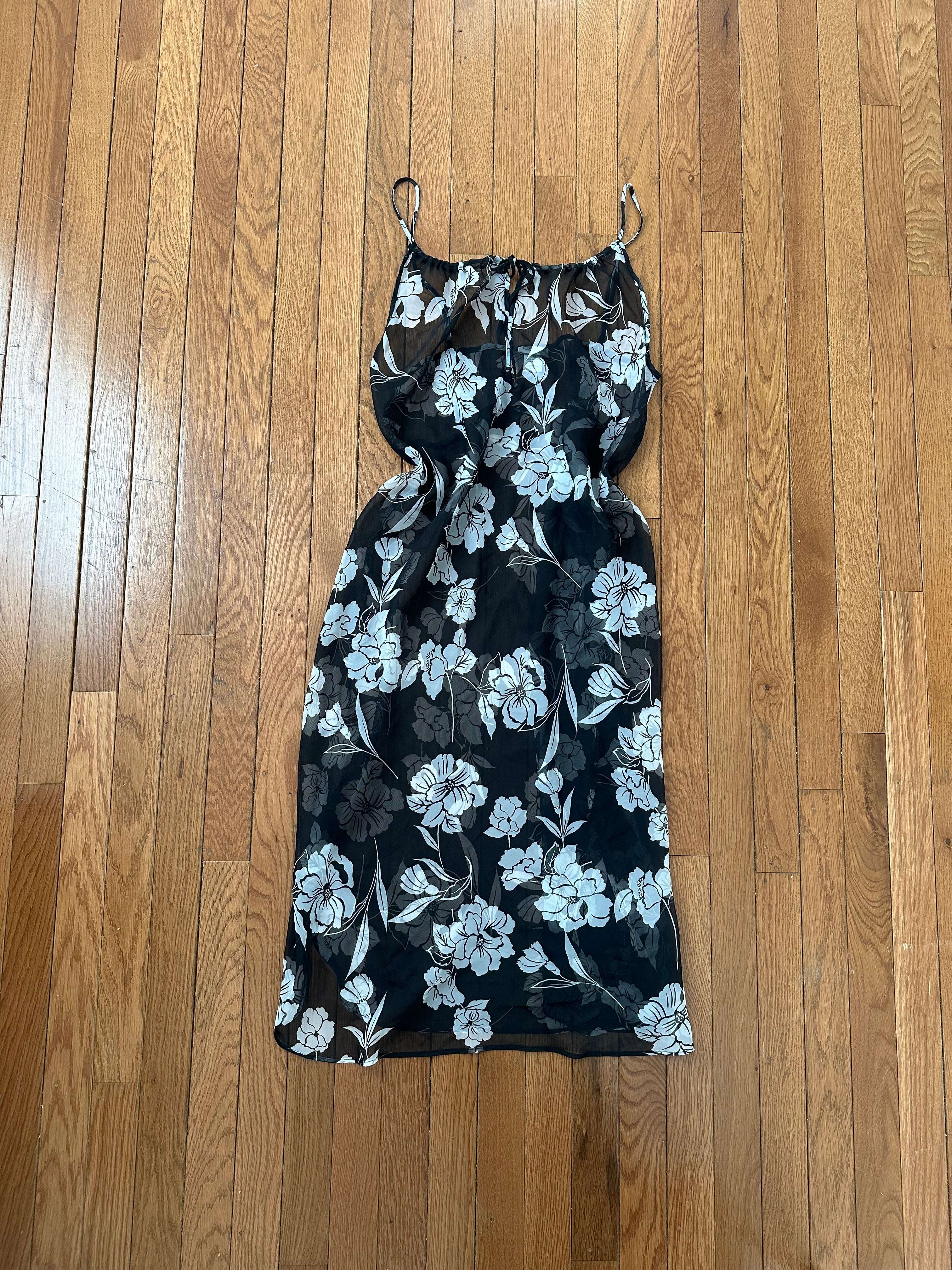 Noir & White Sheer Chiffon Floral Overlay Slip Dress