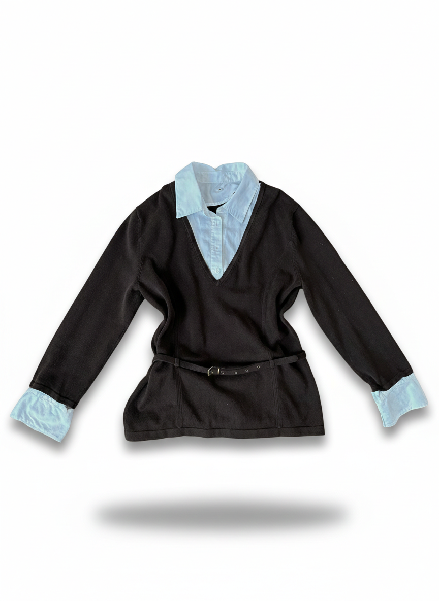 Dark Brown V-Neck Sweater with Attached White Collar & Cuffs