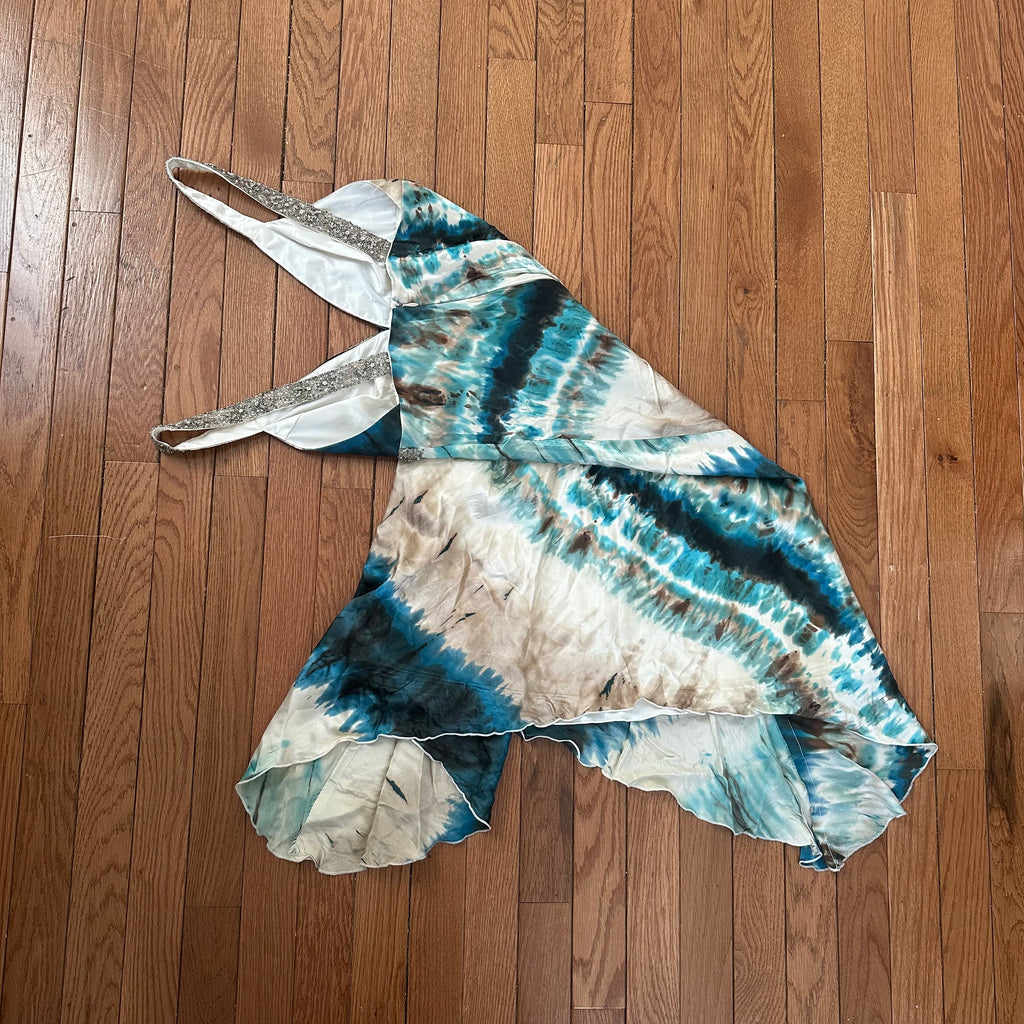 Vintage 2000s Beaded Aqua Tie-Dye Handkerchief Dress