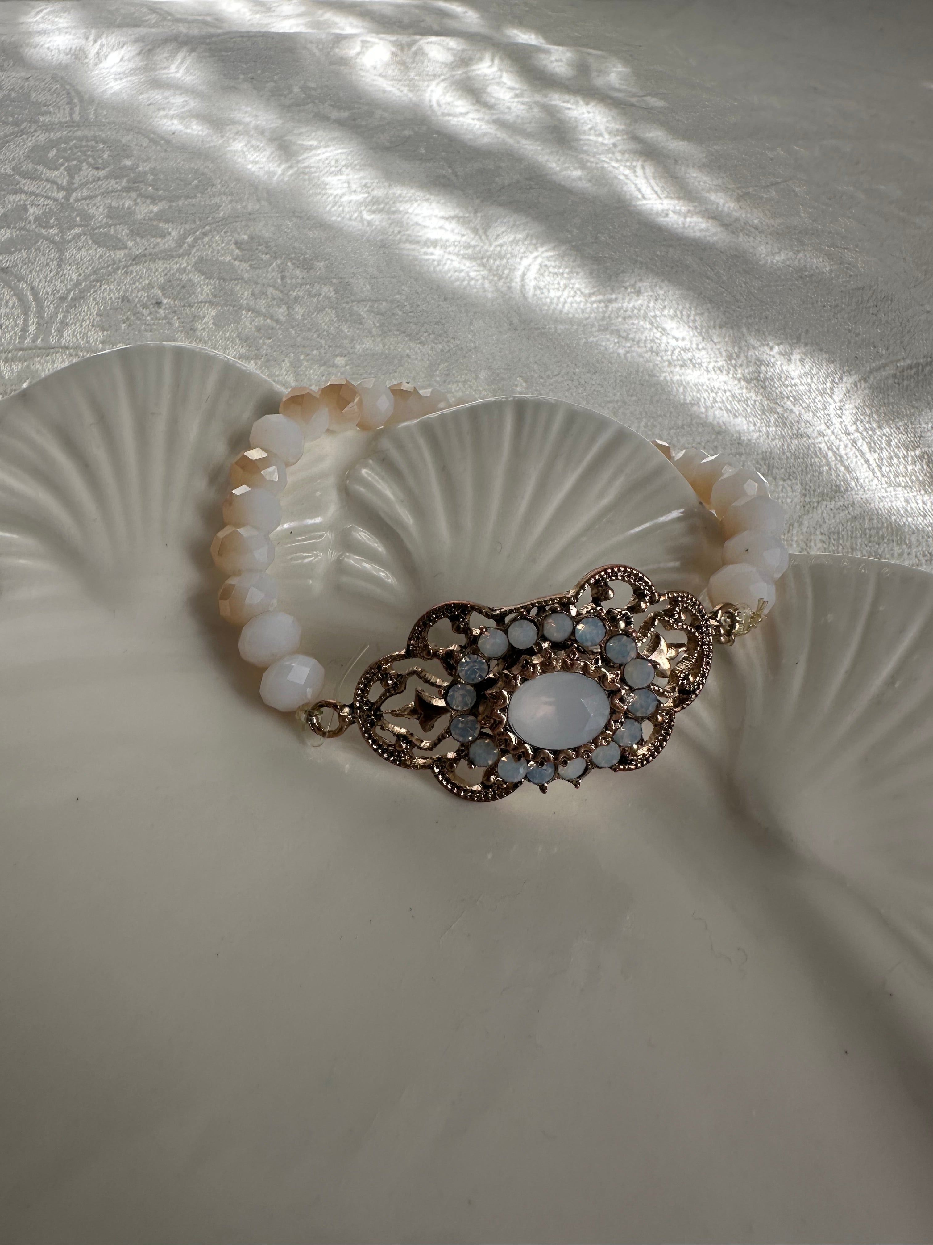 Hand made Ornate Antique Gold Filigree Bracelet with Center Moonstone Cabochon