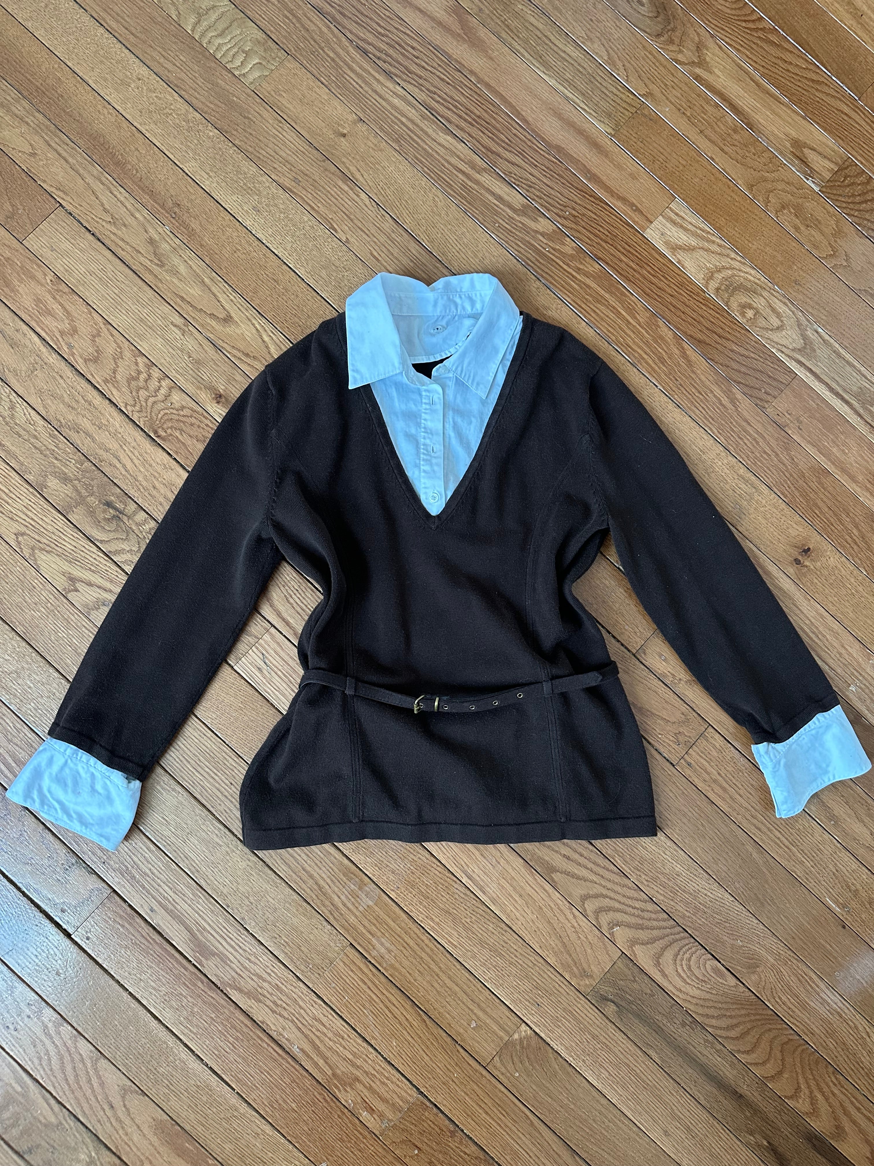 Dark Brown V-Neck Sweater with Attached White Collar & Cuffs