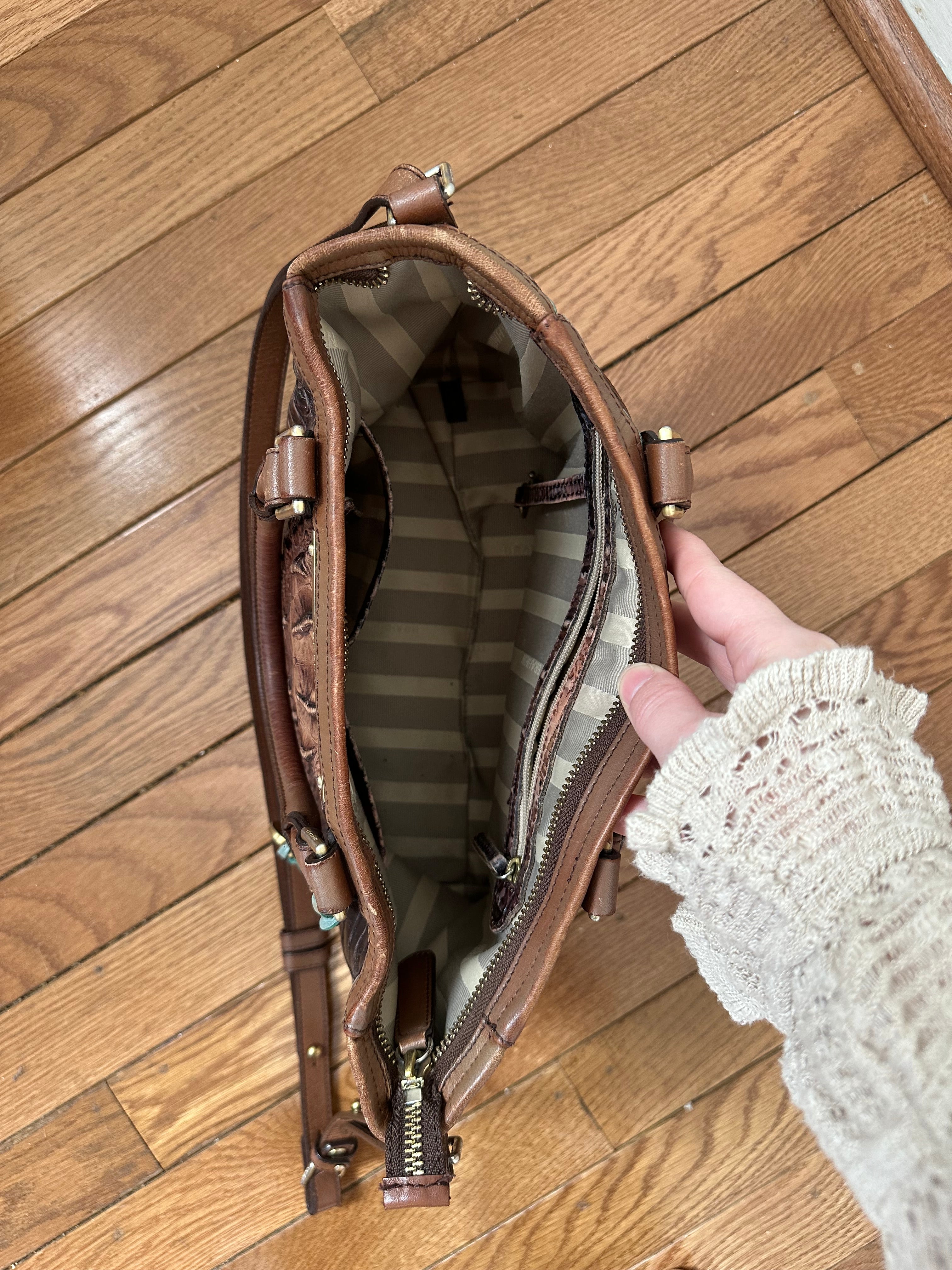 Brahmin Pecan Melbourne Crocodile-Embossed Leather Satchel with Crossbody Strap