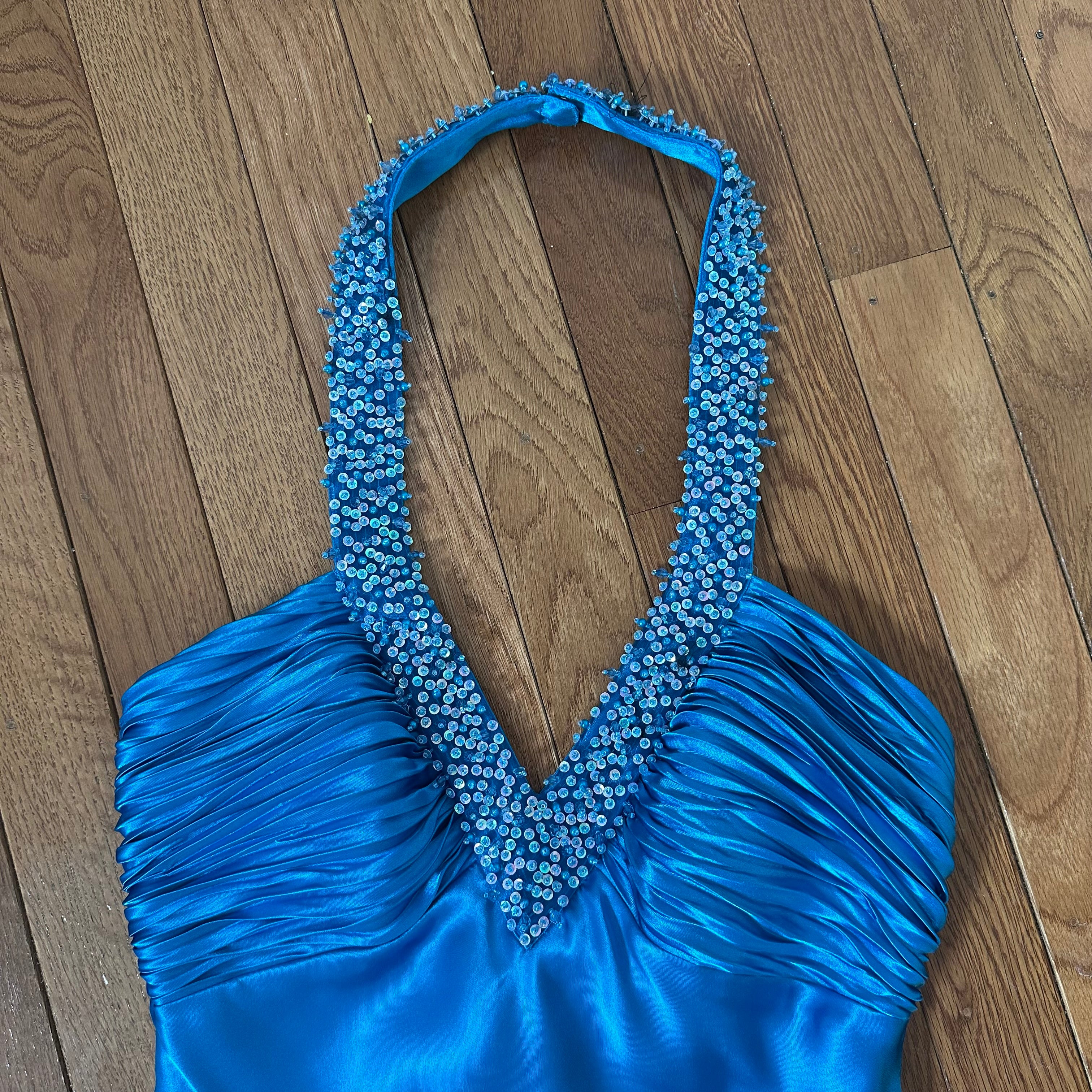 Vintage Morgan & Co. Cerulean Blue Beaded Halter Gown