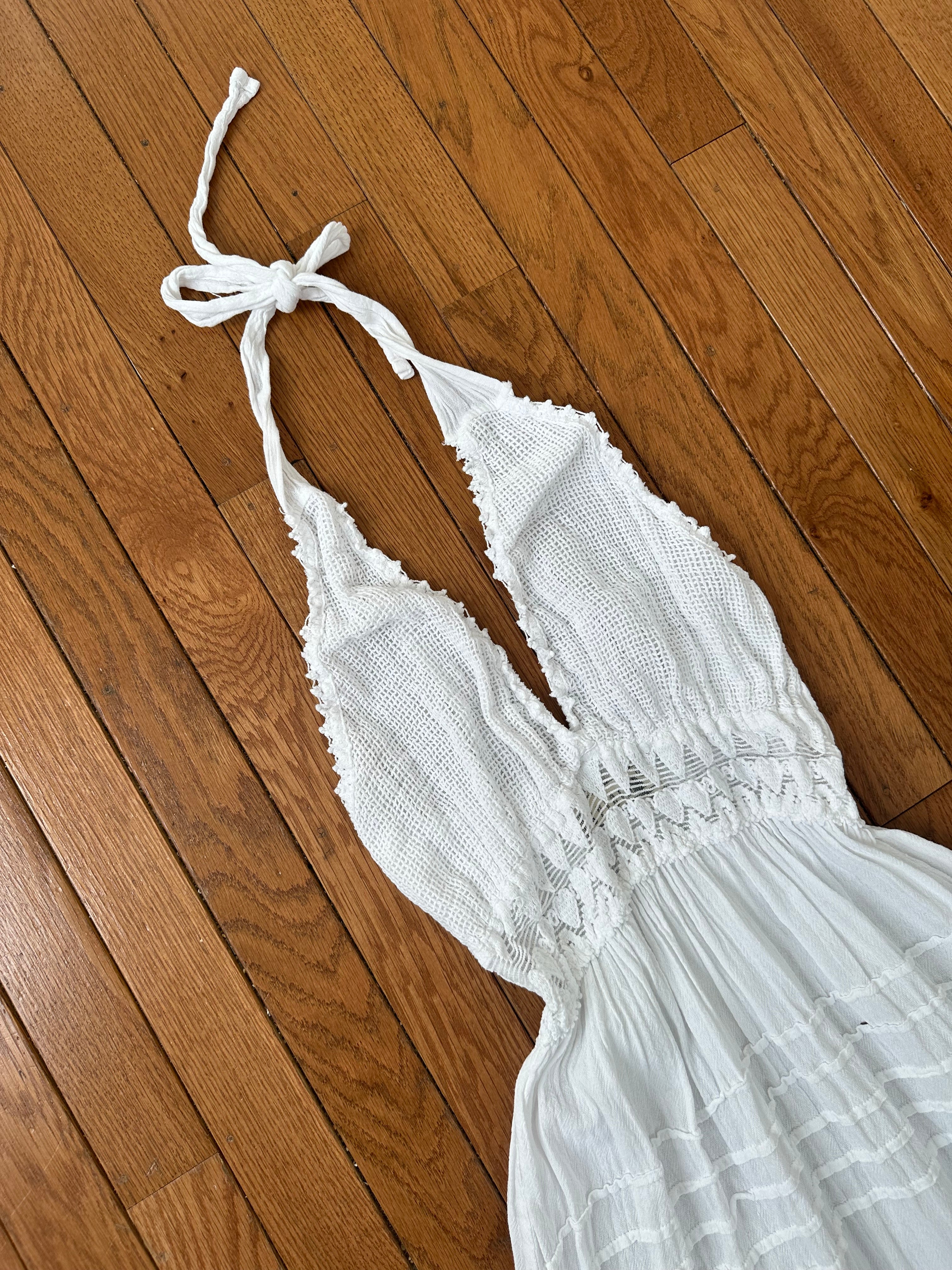 Ethereal White Crochet Halter Neck Tiered Bohemian Midi Dress