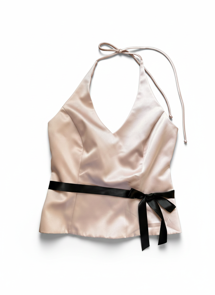 Y2K Pastel Pink Satin Halter Top with Black Ribbon Waist