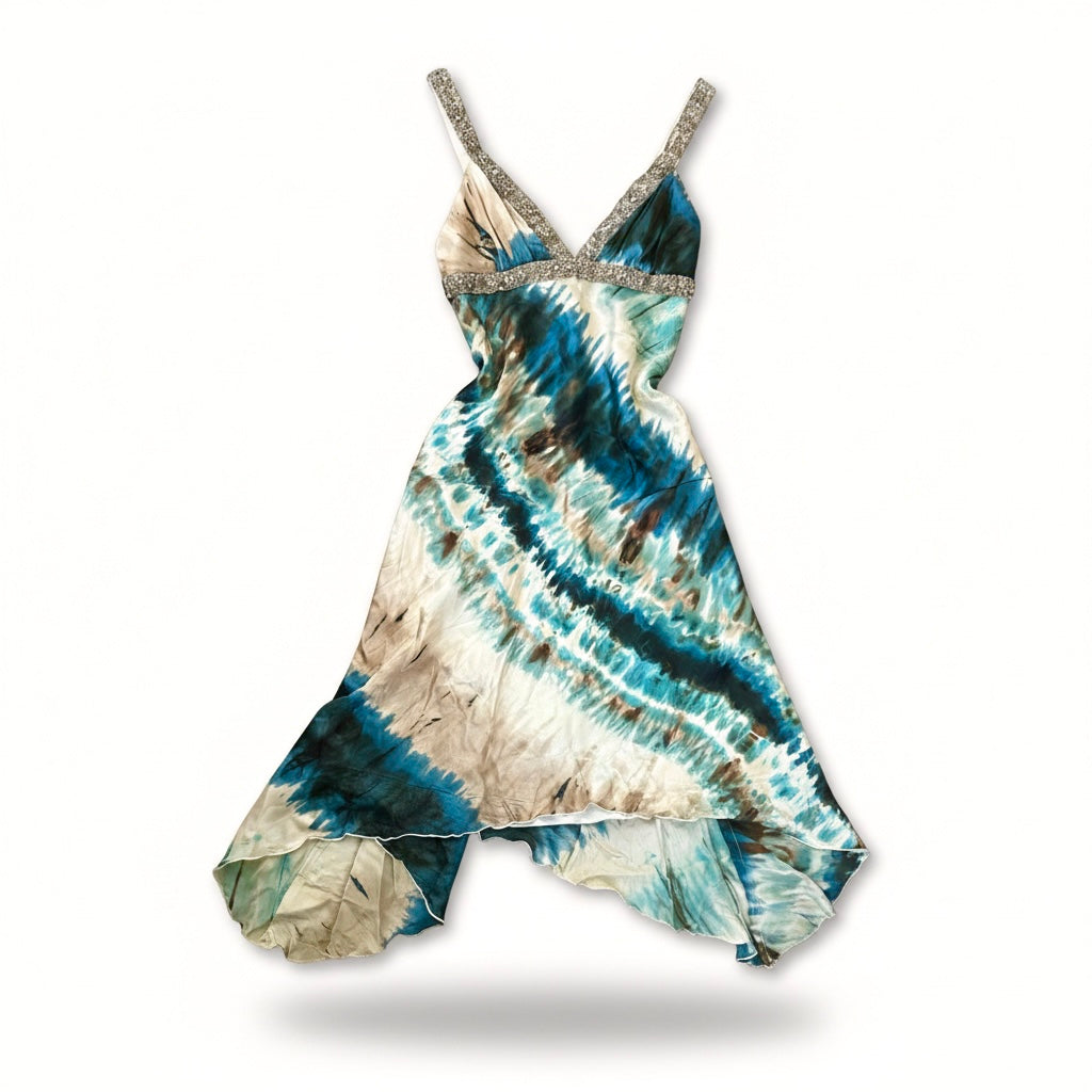 Vintage 2000s Beaded Aqua Tie-Dye Handkerchief Dress