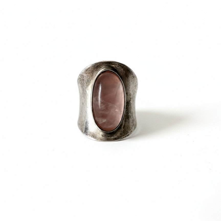 Vintage Sterling Rose Quartz Statement Ring (Adjustable Band)