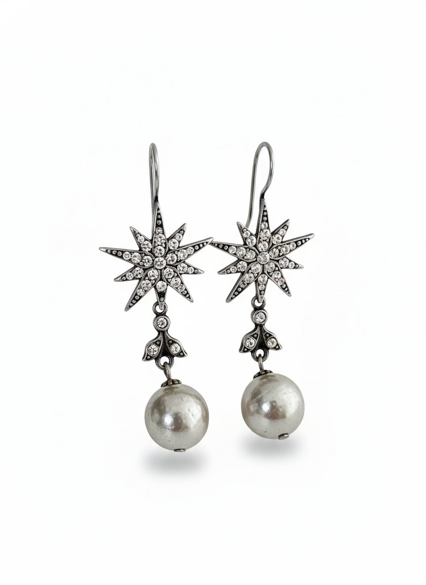 Vintage Celestial Starburst Pearl Drop Earrings