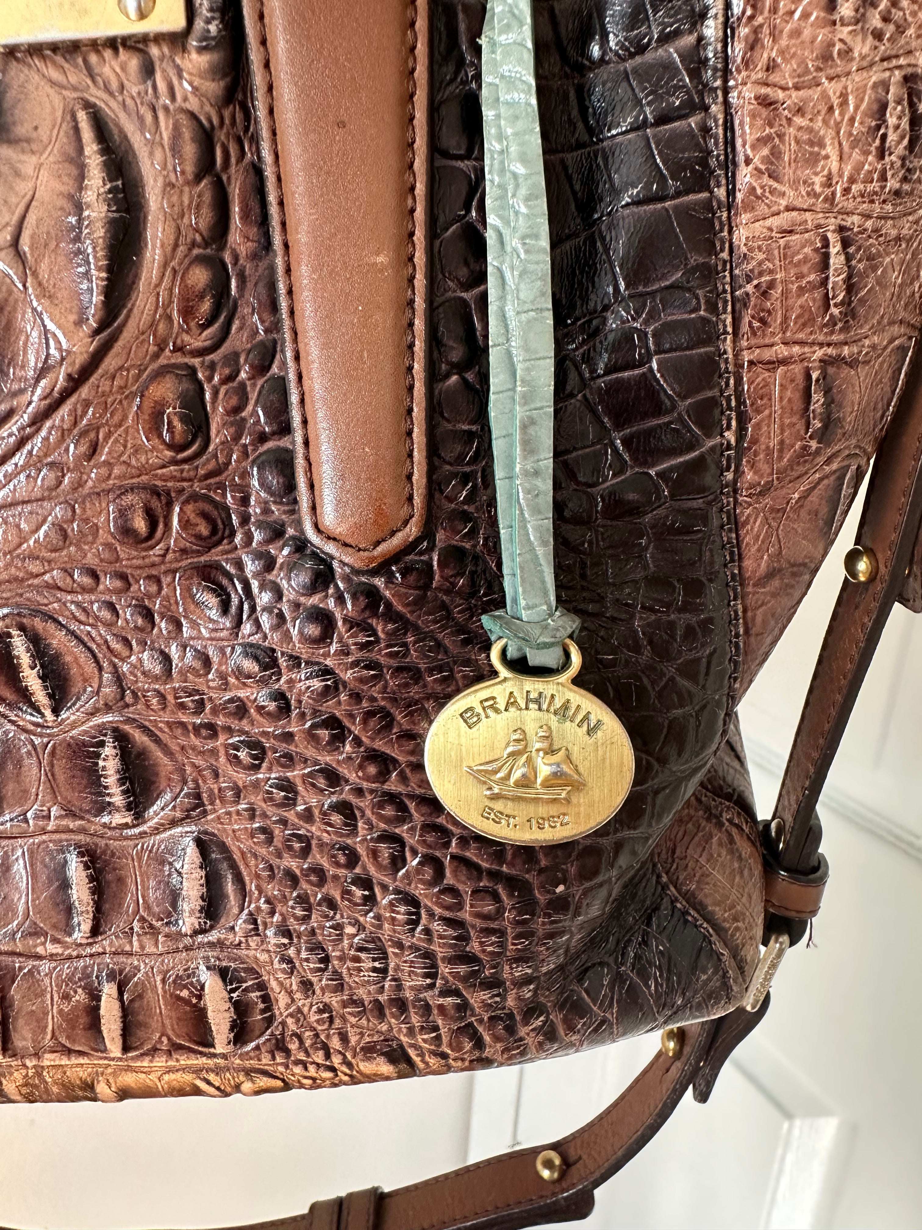 Brahmin Pecan Melbourne Crocodile-Embossed Leather Satchel with Crossbody Strap