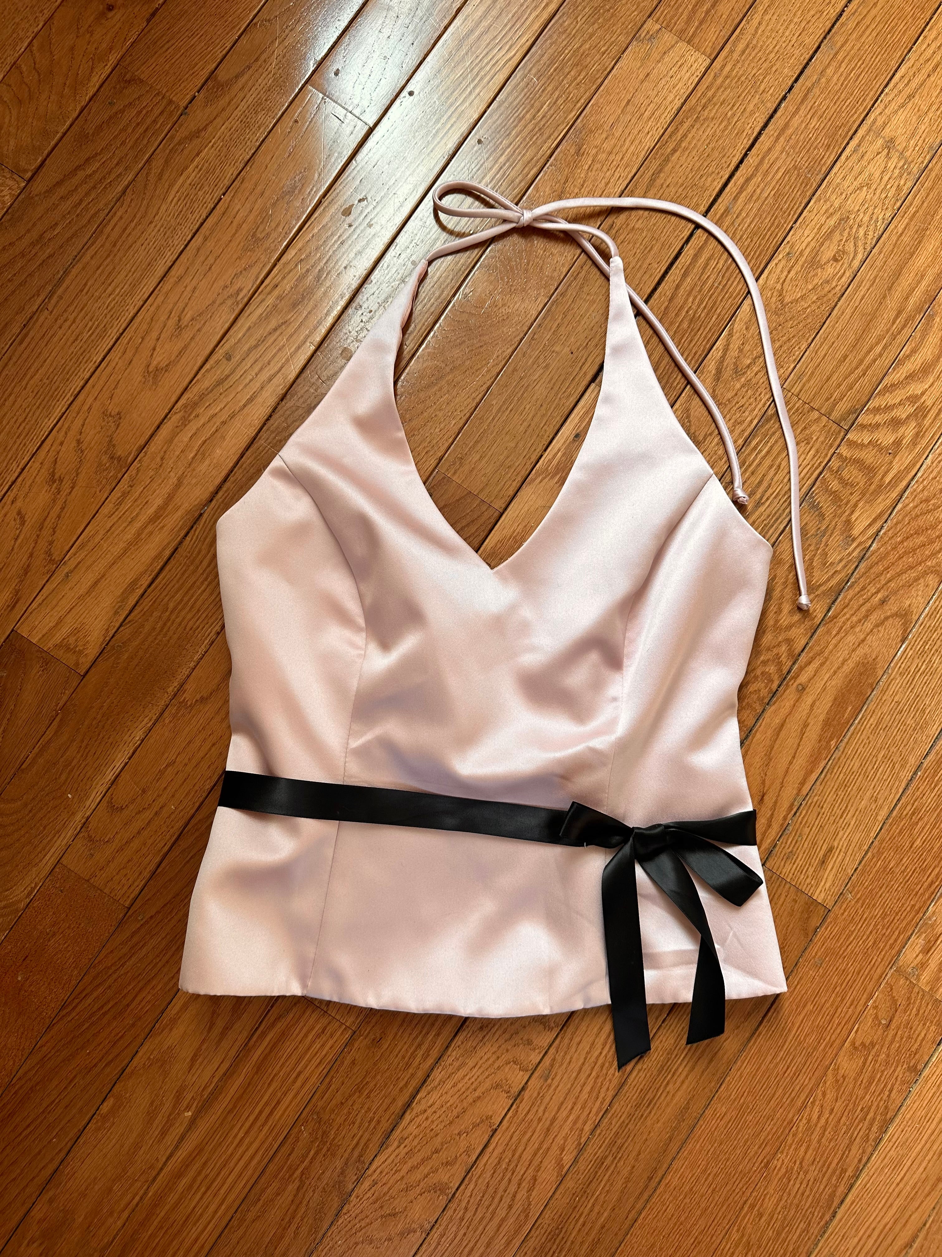Y2K Pastel Pink Satin Halter Top with Black Ribbon Waist