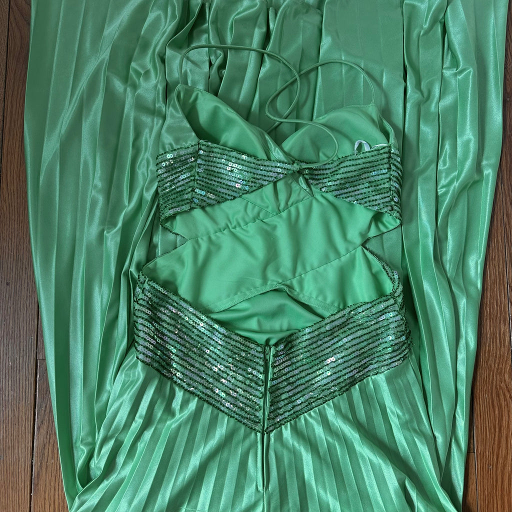 Vintage Masquerade Pistachio Green Pleated Sequin Gown