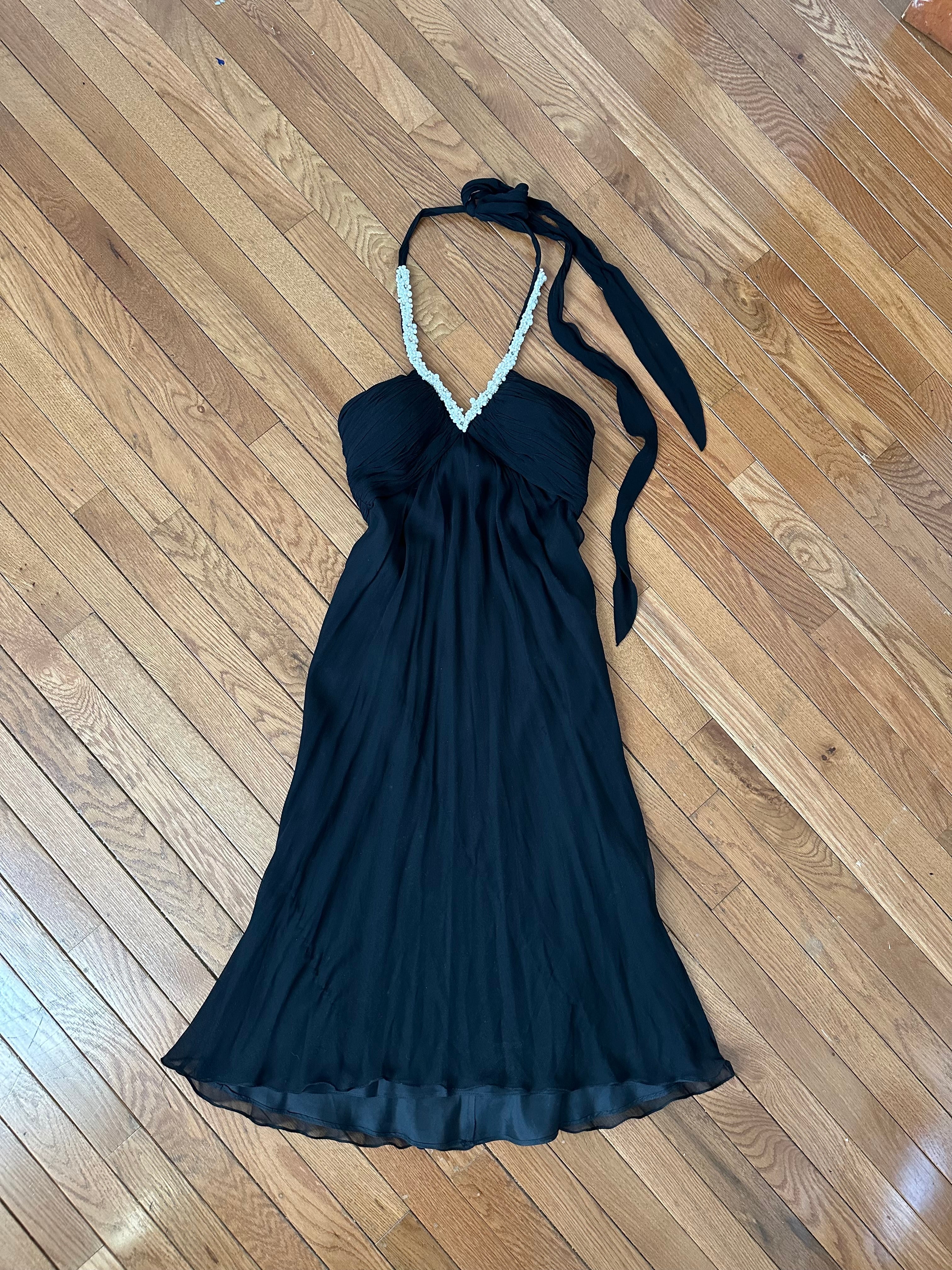 Vintage Black Silk-Feel Halter Dress with Faux Pearl Trim