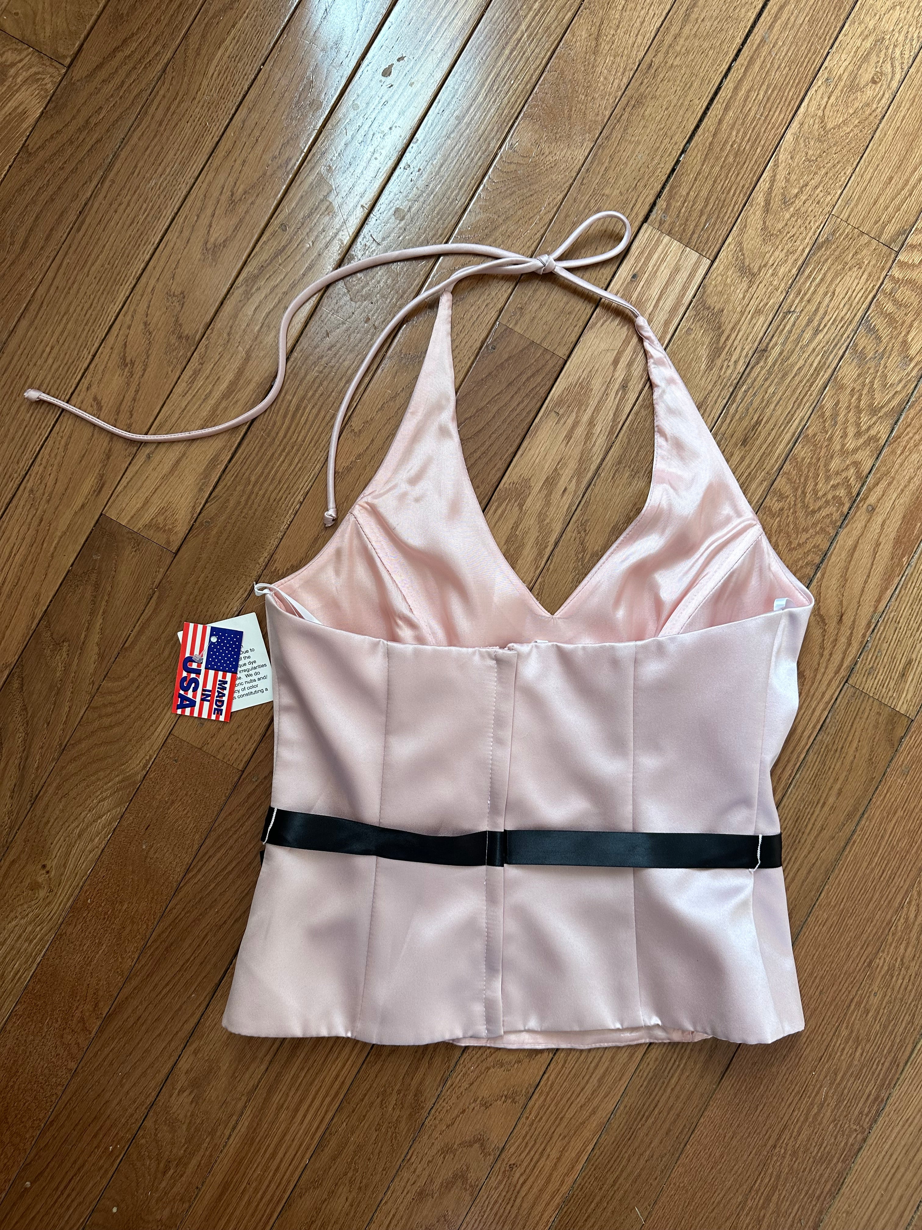 Y2K Pastel Pink Satin Halter Top with Black Ribbon Waist