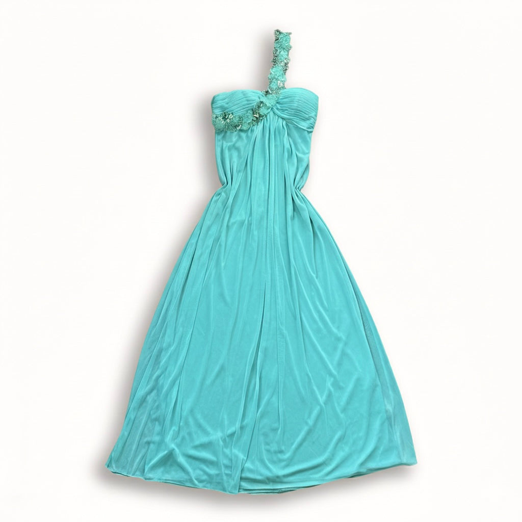 Vintage XSCAPE by Joanna Chen Seafoam Floral One-Shoulder Gown