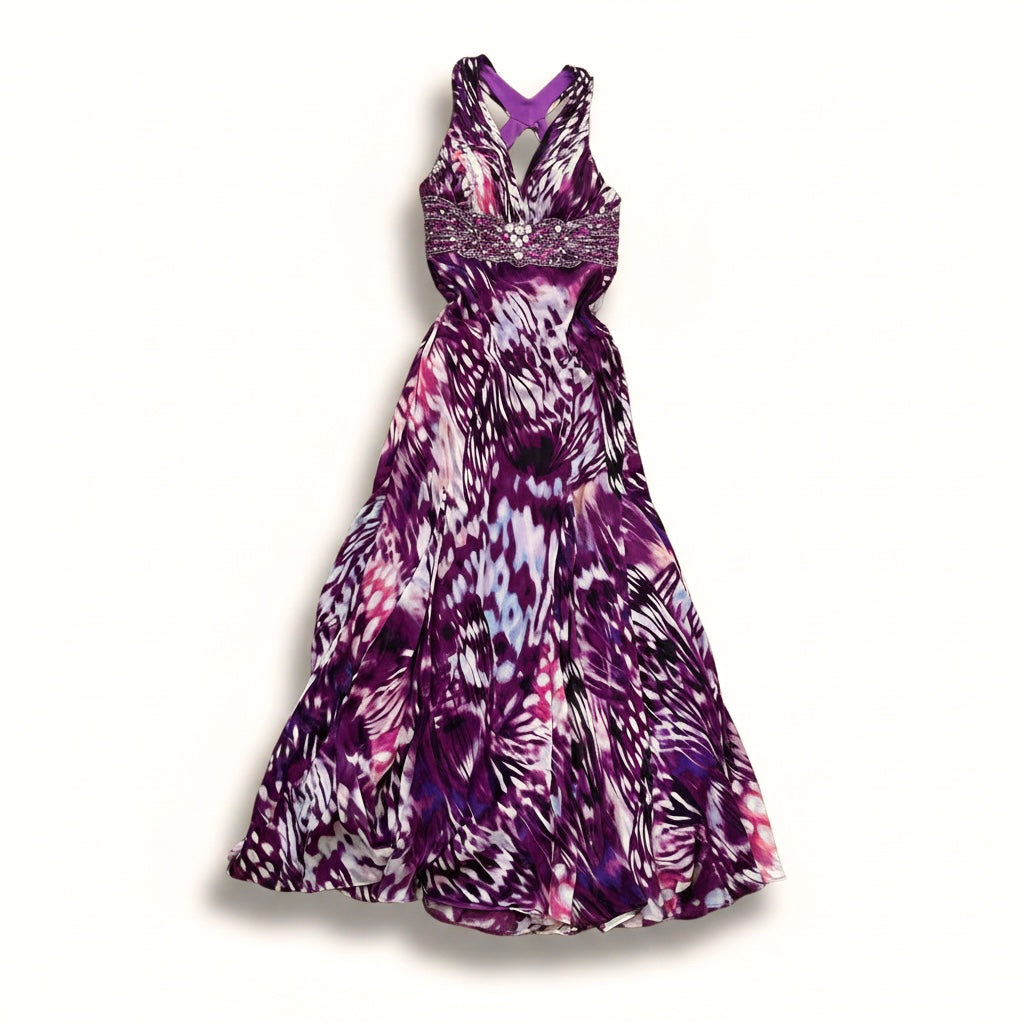 Vintage Y2K Butterfly Print Beaded Halter Gown