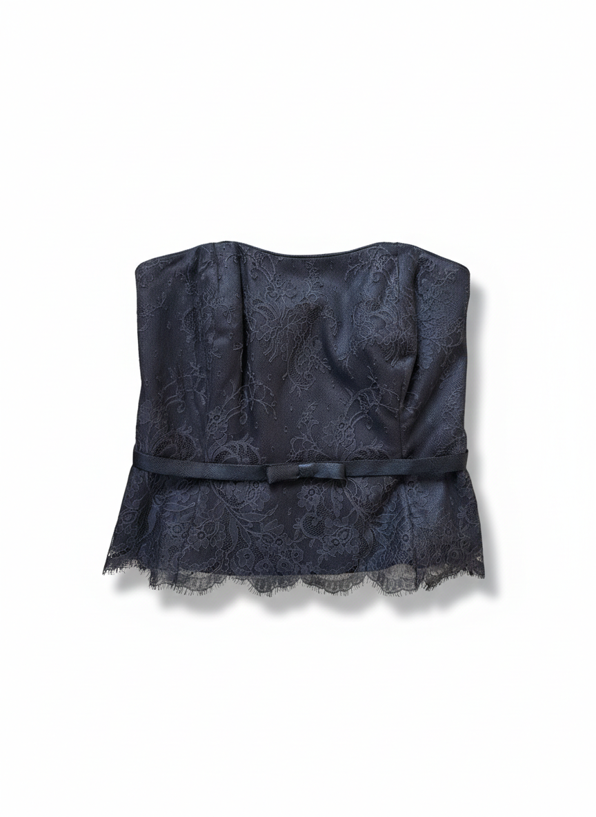 Intricate Brown Lace Strapless Bustier Top with Bow