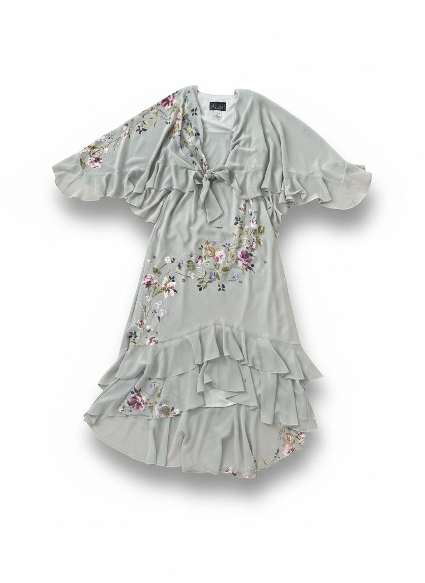 Sage Green Floral Embroidered Ruffle Tiered Midi Dress with Matching Wrap